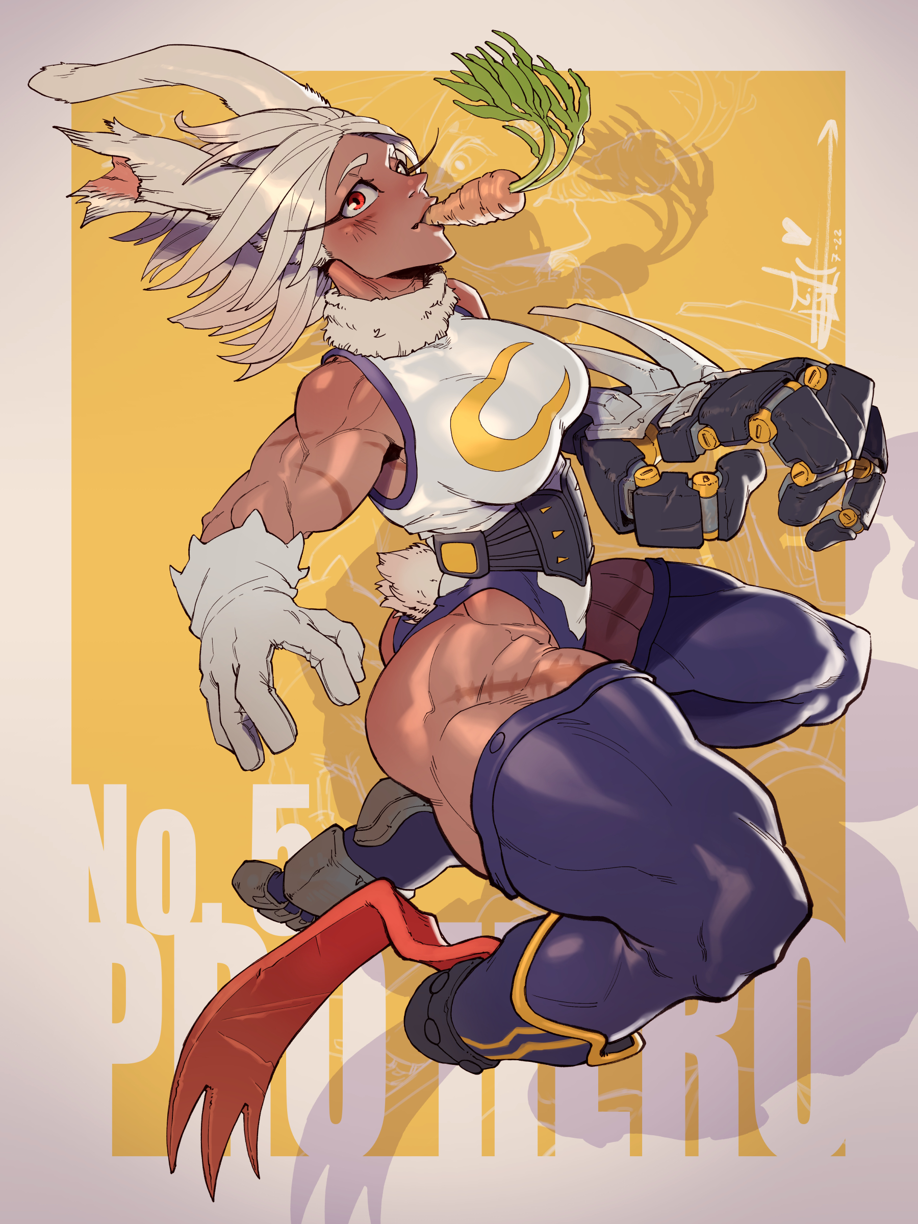joseph virtuoso, mirko, azur lane: slow ahead, boku no hero academia, absurdres, highres, 1girl, animal ears, bare shoulders, blue theme, breasts, carrot, dark-skinned female, dark skin, full body, gloves, large breasts, mouth hold, muscular, muscular female, prosthesis, prosthetic arm, prosthetic leg, rabbit ears, rabbit girl, red eyes, short hair, solo, thick thighs, thighs, white gloves, white hair
