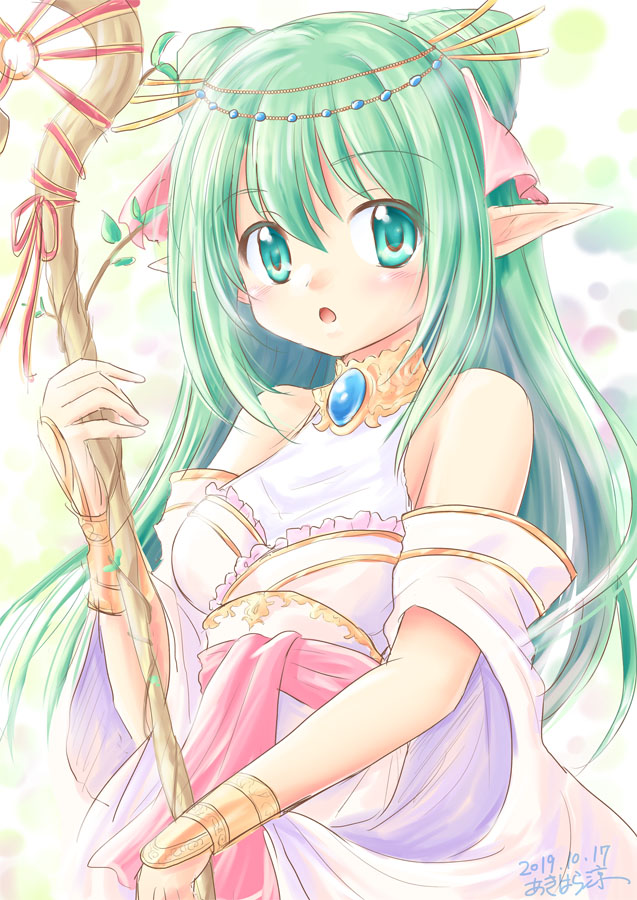 akihara ryou, cecile leica engel berglund, iris mysteria!, gold armlet, 1girl, arm cutout, bare shoulders, breasts, clothing cutout, detached sleeves, double bun, dress, elf, green eyes, green hair, hair bun, hair ornament, hair ribbon, hair stick, holding, holding staff, medium breasts, open mouth, pink ribbon, pink sash, pointy ears, ribbon, sash, sleeveless, sleeveless dress, solo, staff, white dress, white sleeves