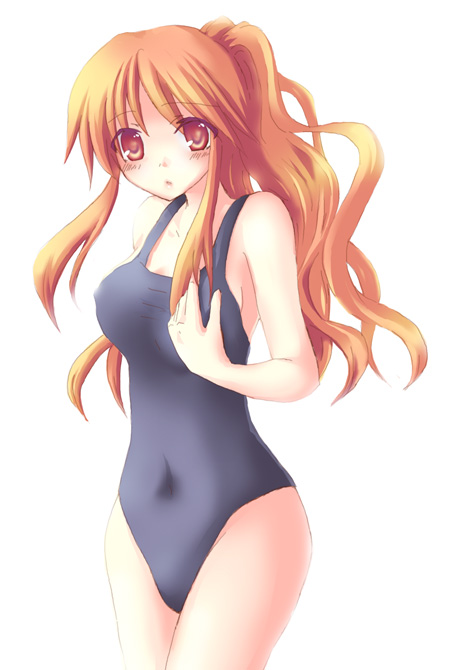 mizuno yun, asahina mikuru, suzumiya haruhi no yuuutsu, 00s, brown eyes, brown hair, long hair, one-piece swimsuit, ponytail, school swimsuit, solo, swimsuit