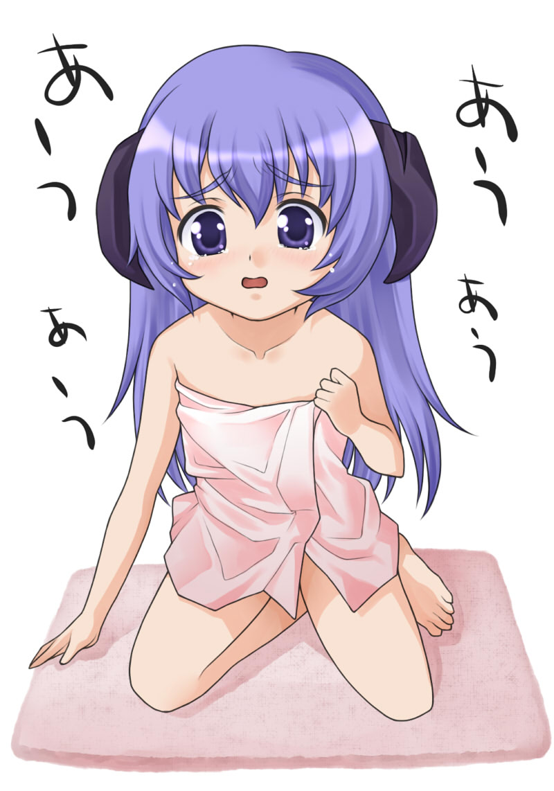 hanyuu, higurashi no naku koro ni, translation request, 00s, barefoot, blue eyes, embarrassed, feet, flat chest, horns, kneeling, loli, long hair, naked towel, purple hair, solo, tears, toes, towel