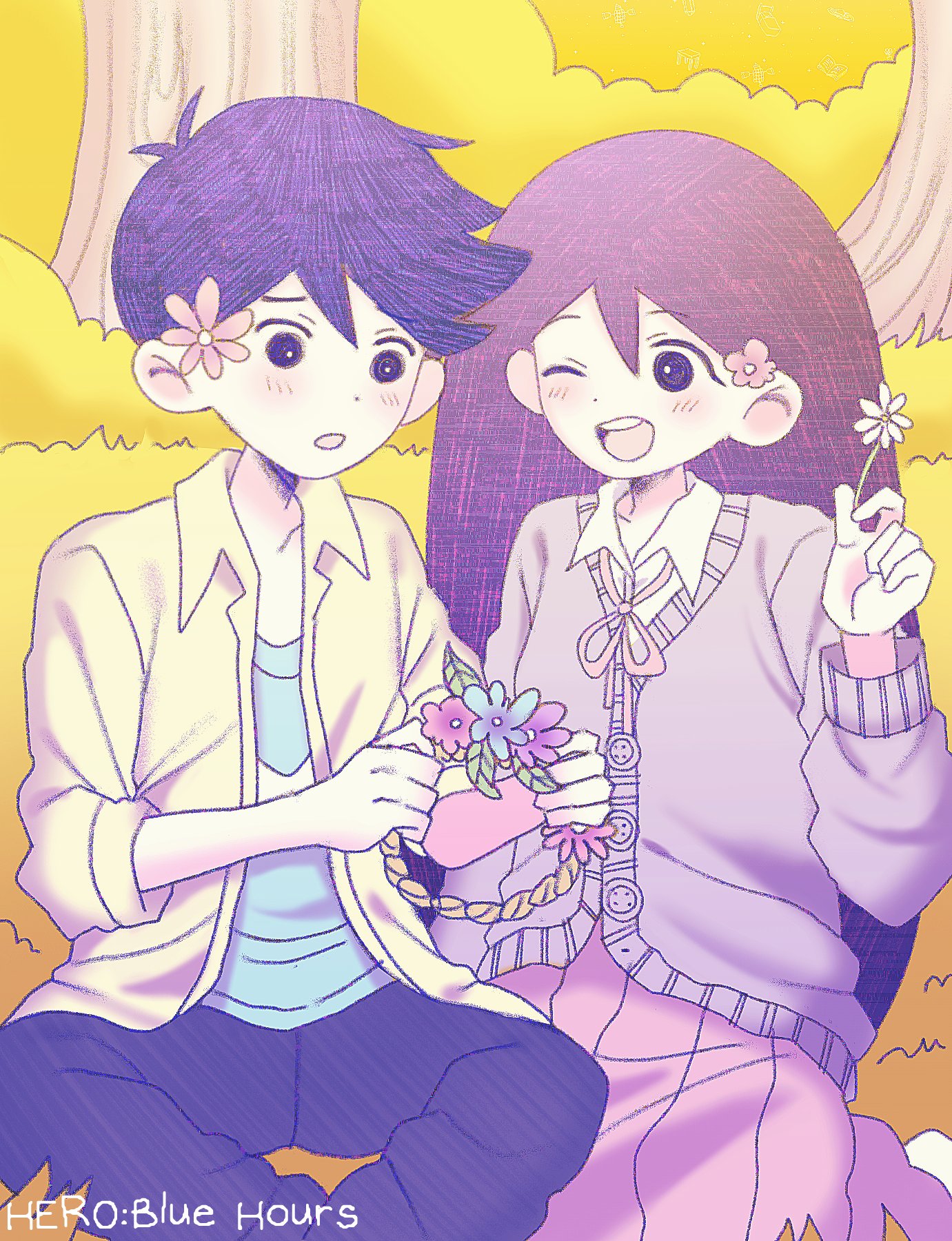 my loleeta, hero (headspace) (omori), hero (omori), mari (headspace) (omori), mari (omori), omori, highres, 1boy, 1girl, alternate costume, alternate universe, antenna hair, black pants, blue shirt, blush, bright pupils, cardigan, collarbone, collared jacket, collared shirt, colored skin, double-parted bangs, flower, hair between eyes, hair flower, hair ornament, holding head wreath, jacket, long sleeves, looking at another, omocat (style), one eye closed, open mouth, pants, parted lips, pink skirt, purple cardigan, purple eyes, purple hair, shirt, short hair, sitting, skirt, smile, t-shirt, teeth, tree, upper teeth only, white pupils, white shirt, white skin