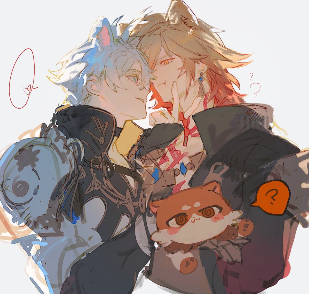 dichlorvos, mydei (honkai: star rail), phainon (honkai: star rail), honkai: star rail, honkai (series), 2boys, armor, belt, black choker, chimera (honkai: star rail), choker, closed mouth, crossed bangs, dog boy, grey hair, hair between eyes, lion boy, male focus, multiple boys, neck tattoo, orange hair, parted bangs, parted lips, pauldrons, short hair, shoulder armor, single pauldron, tattoo, teeth, upper body, white background