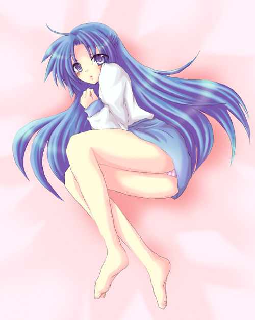 mizuno yun, asakura ryoko, suzumiya haruhi no yuuutsu, 00s, barefoot, blue eyes, blue hair, long hair, panties, pantyshot, school uniform, serafuku, solo, underwear