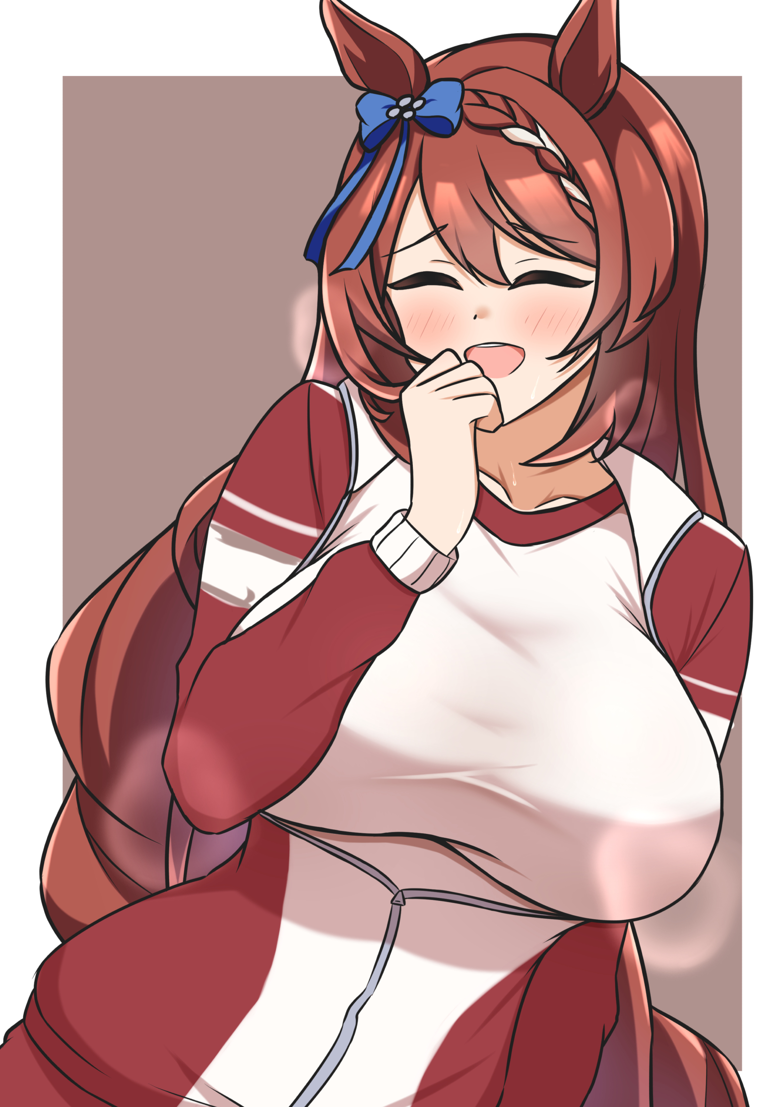 arn7, super creek (umamusume), umamusume, highres, 1girl, animal ears, blush, bow, braid, breasts, brown hair, closed eyes, ear bow, facing viewer, gym shirt, hair between eyes, horse ears, horse girl, jacket, large breasts, long hair, multicolored hair, open mouth, partially unzipped, red jacket, shirt, simple background, smile, solo, streaked hair, tracen training uniform, track jacket, upper body, very long hair, white hair, white shirt
