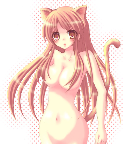mizuno yun, asahina mikuru, suzumiya haruhi no yuuutsu, 00s, animal ears, brown eyes, brown hair, cat ears, cat tail, completely nude, long hair, nude, solo, tail