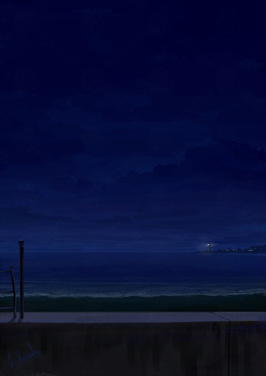 alu.m (alpcmas), original, commentary request, highres, lighthouse, night, night sky, no humans, ocean, outdoors, scenery, sky