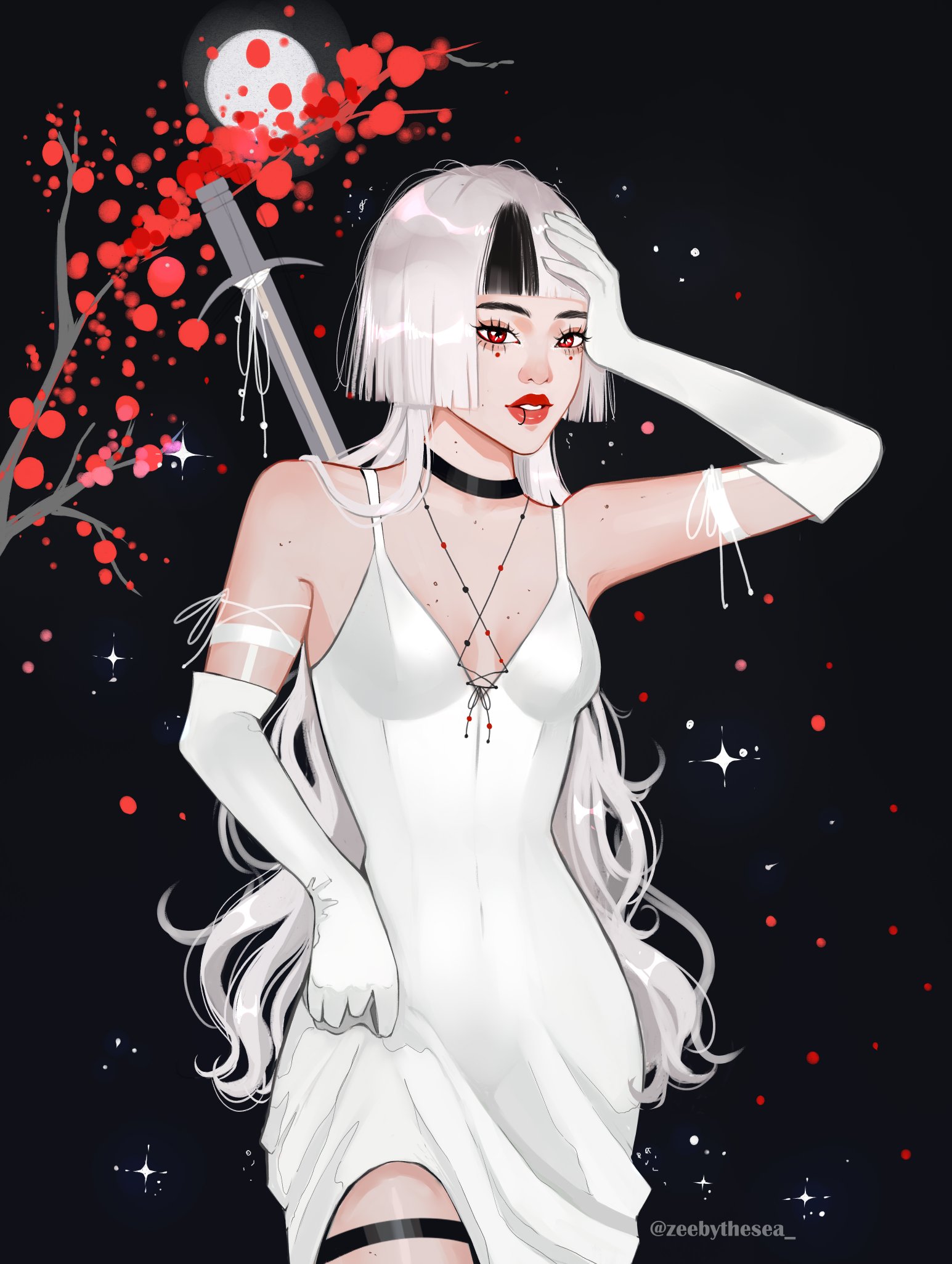 zeebythesea, original, highres, 1girl, aegyo sal, asian, black background, black choker, black hair, bob cut, branch, breasts, choker, clothes pull, cowboy shot, dress, dress pull, elbow gloves, eyelashes, face piercing, full moon, gloves, hand on own head, jellyfish cut, kira (zeebythesea), light particles, lip piercing, long dress, long hair, looking at viewer, medium breasts, mole, mole on arm, mole on breast, mole on neck, mole under each eye, mole under eye, moon, multicolored hair, multiple moles, parted lips, piercing, red eyes, red leaf, red lips, ring piercing, sparkle, streaked hair, sword, sword on back, thick eyebrows, thick lips, thigh strap, twitter username, two-tone hair, very long hair, wavy hair, weapon, weapon on back, white dress, white gloves