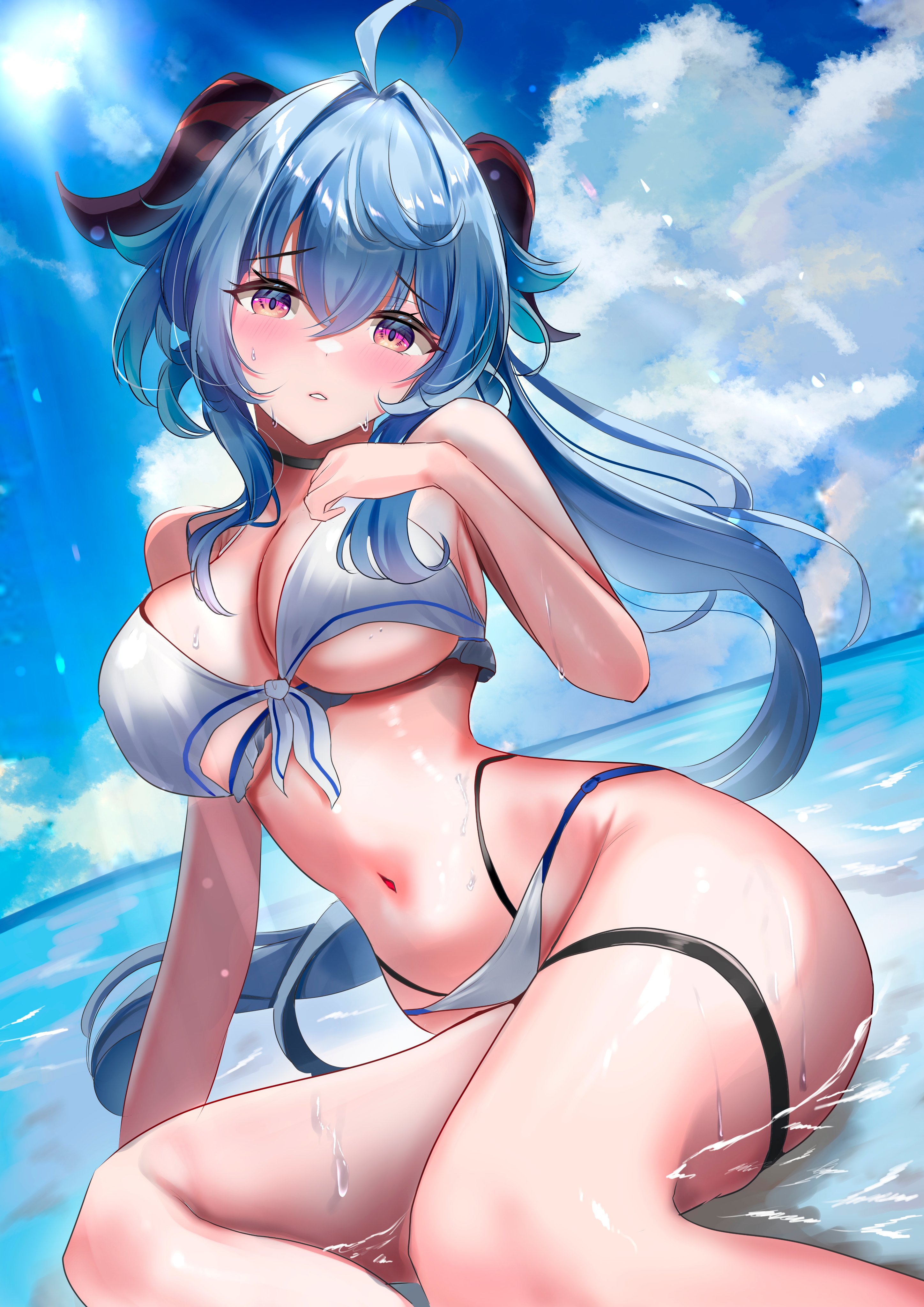 eitei (20041204), ganyu (genshin impact), genshin impact, absurdres, highres, 1girl, ahoge, bare shoulders, beach, blue hair, blush, breasts, cloud, hand on own chest, horns, large breasts, long hair, looking at viewer, low ponytail, navel, partially submerged, ponytail, purple eyes, sidelocks, sitting, sky, solo, swimsuit, thighs, underboob, wet, yokozuwari
