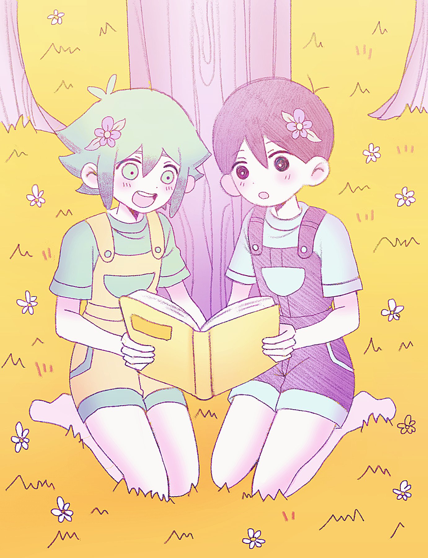 my loleeta, basil (headspace) (omori), basil (omori), omori (omori), omori, highres, 2boys, alternate costume, alternate hair color, alternate universe, antenna hair, black eyes, black overalls, blush, book, bright pupils, double-parted bangs, flower, green eyes, green hair, green shirt, hair between eyes, hair flower, hair ornament, holding, holding book, male focus, multiple boys, omocat (style), open book, overall shorts, overalls, parted lips, purple hair, shirt, short hair, short sleeves, sidelocks, smile, socks, t-shirt, teeth, tree, upper teeth only, white pupils, white socks, yellow overalls