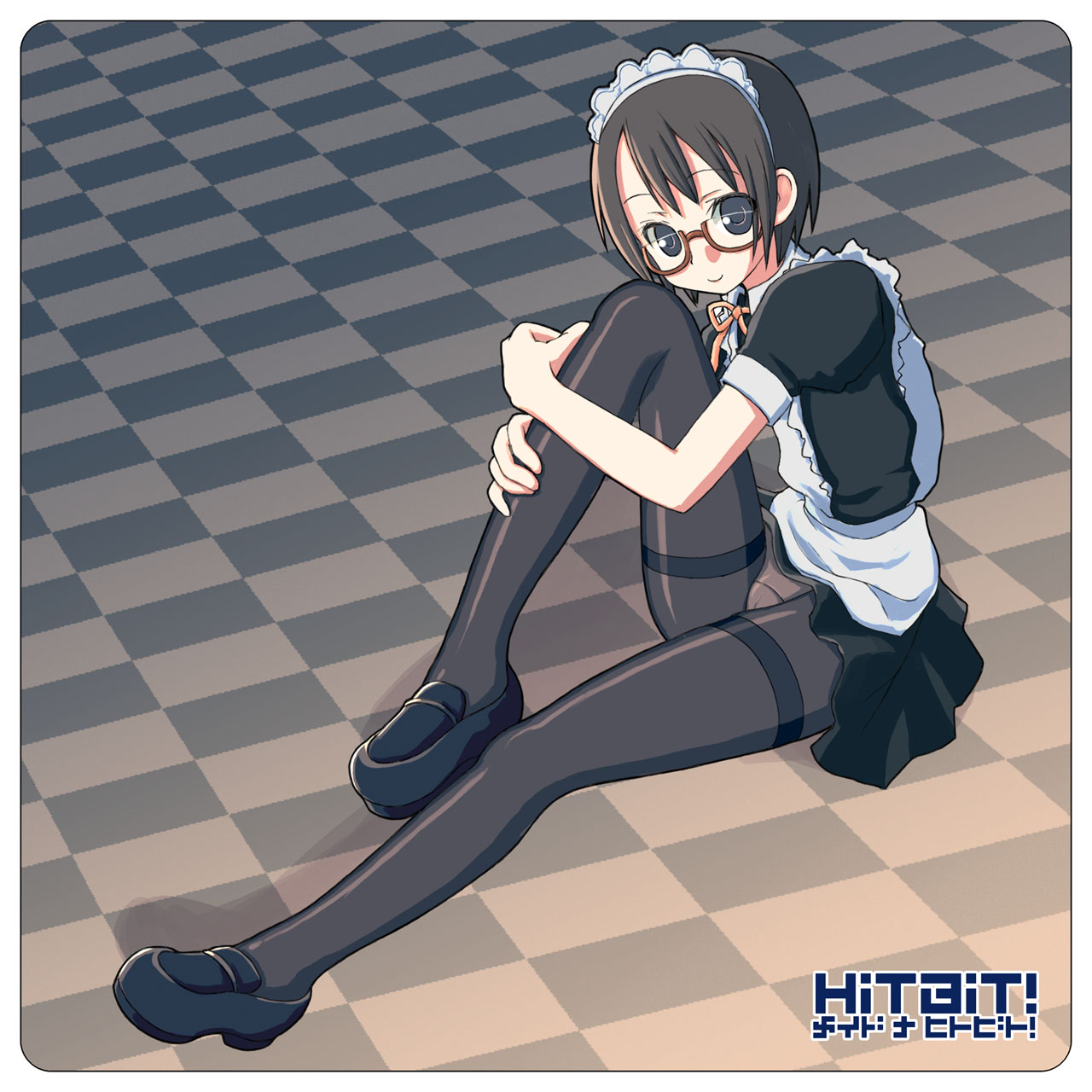 kimarin, original, highres, 1girl, brown hair, female focus, glasses, hugging own legs, maid, panties, panties under pantyhose, pantyhose, pantyshot, short hair, sitting, smile, solo, thighband pantyhose, underwear, upskirt