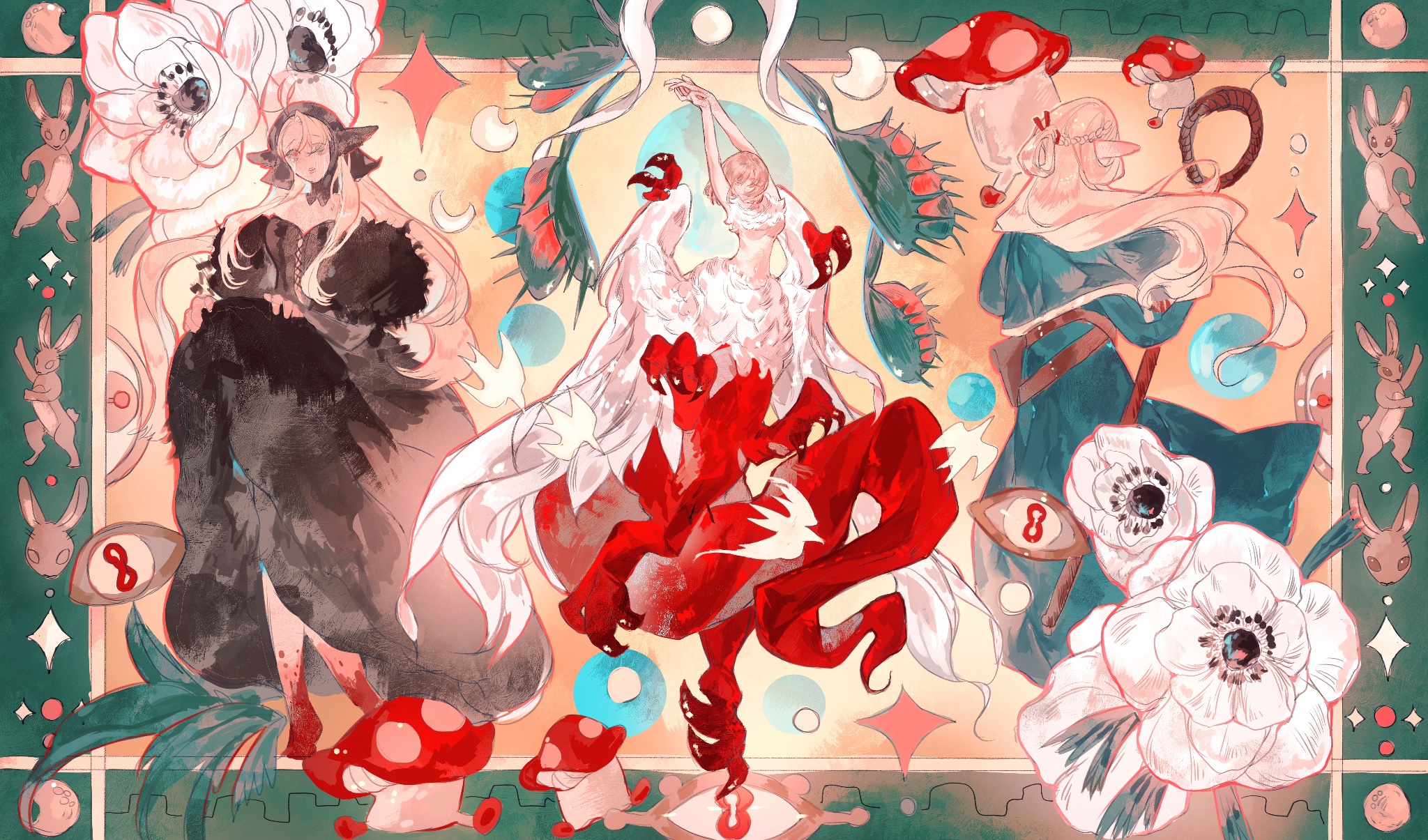 hai wan wan wan, falin touden, falin touden (chimera), marcille donato, marcille donato (lord), dungeon meshi, highres, 2girls, arms up, bare shoulders, black dress, black hat, blonde hair, blood, blood on feet, breasts, dress, feathered wings, flower, hat, holding, holding staff, long dress, long hair, medium breasts, midriff, monster girl, multiple girls, multiple views, mushroom, plant, rabbit, short hair, sidelocks, sparkle, staff, talons, underboob, venus flytrap, white flower, white wings, wings