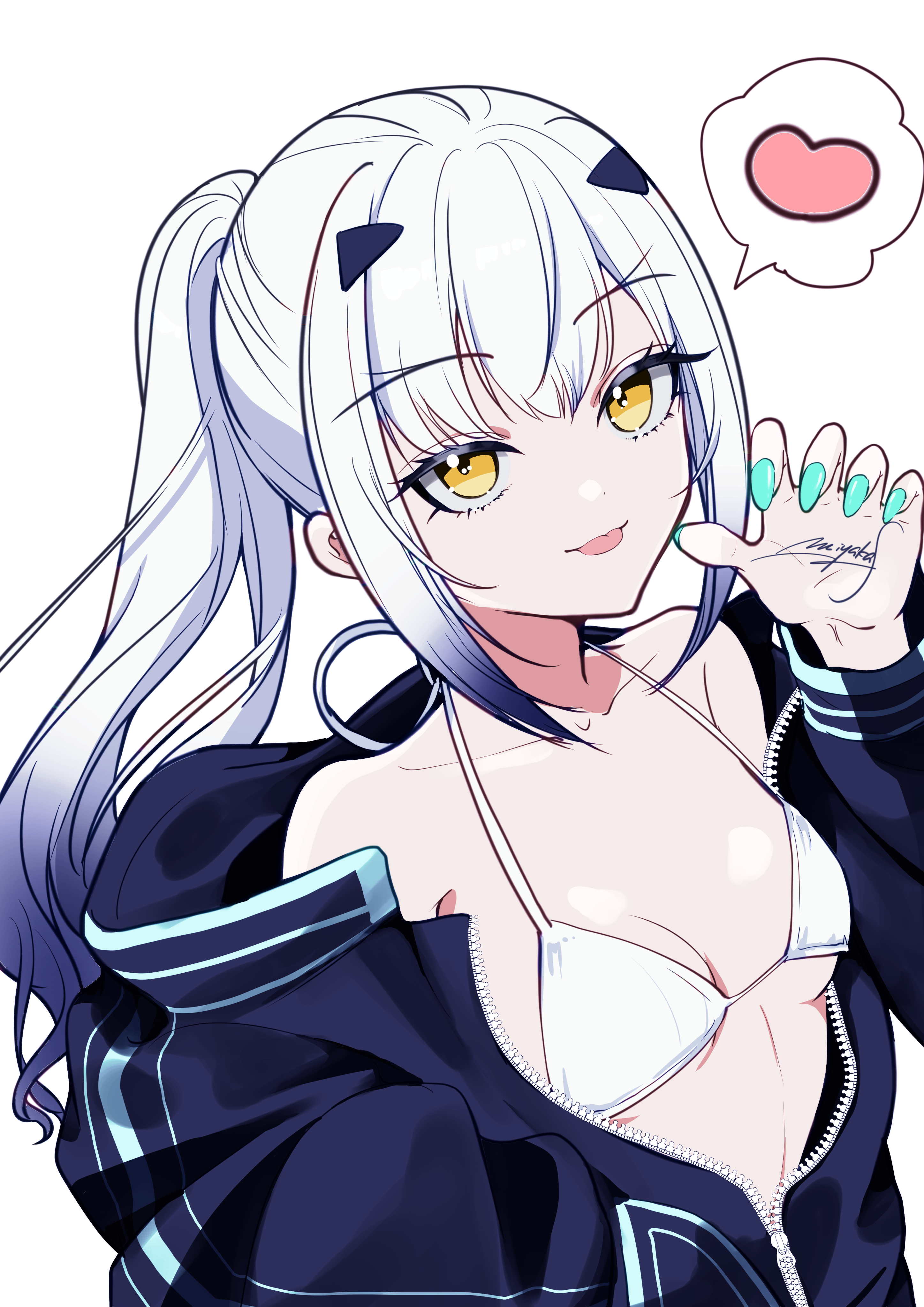 miyaka (58305841), melusine (fate), fate/grand order, fate (series), absurdres, highres, 1girl, bikini, blue nails, breasts, cardigan, cleavage, collarbone, gradient hair, heart, long hair, long sleeves, multicolored hair, nail polish, open cardigan, open clothes, partially unzipped, ponytail, purple hair, signature, simple background, small breasts, solo, speech bubble, spoken heart, swimsuit, tongue, tongue out, underboob, upper body, white background, white bikini, white hair, yellow eyes