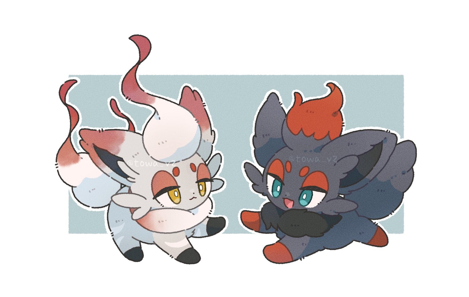 towa (clonea), hisuian zorua, zorua, nintendo, pokemon, animal focus, black fur, blue eyes, closed mouth, fox, full body, gen 5 pokemon, grey fur, no humans, open mouth, pokemon (creature), pokemon focus, red fur, regional and normal, simple background, smile, yellow eyes