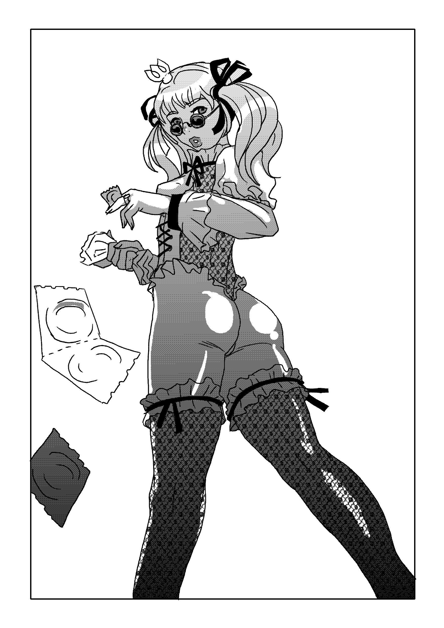 smolev, bremenskiye muzykanty, novye bremenskiye, po sledam bremenskih muzykantov, town musicians of bremen, garters, absurdres, highres, ass, blonde hair, condom, corset, crown, monochrome, princess, ribbon, sunglasses, thighhighs, twintails