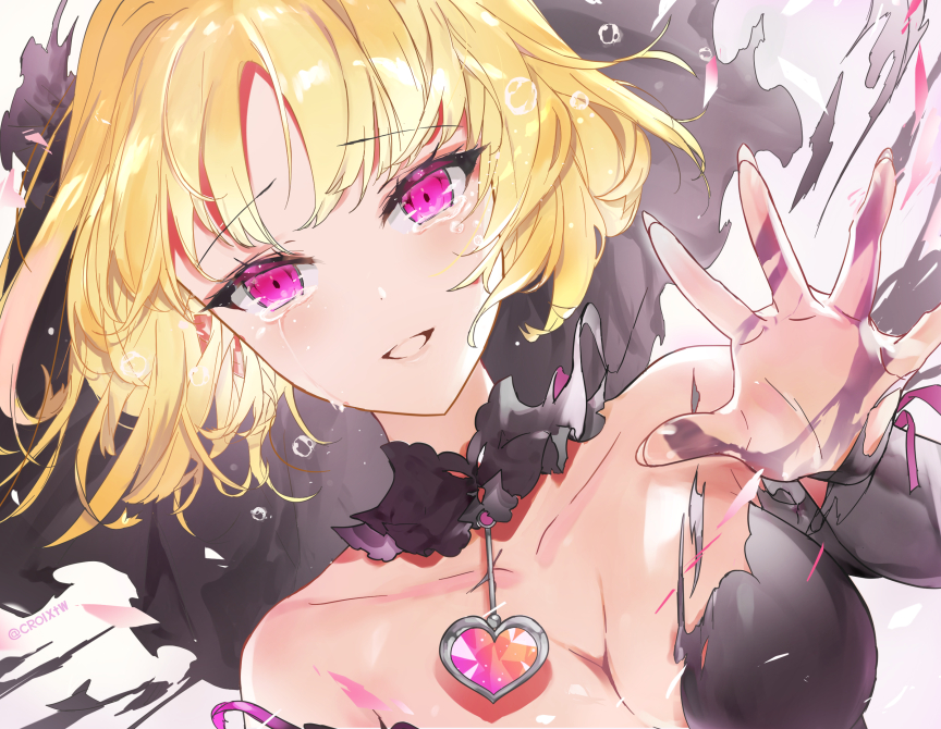 croix (croixtw), ruruka (#compass), #compass, 1girl, black choker, black dress, black veil, blonde hair, breasts, choker, cleavage, collarbone, crying, crying with eyes open, dress, heart pendant, looking at viewer, medium breasts, off-shoulder dress, off shoulder, open mouth, red eyes, short hair, solo, tears, upper body, veil