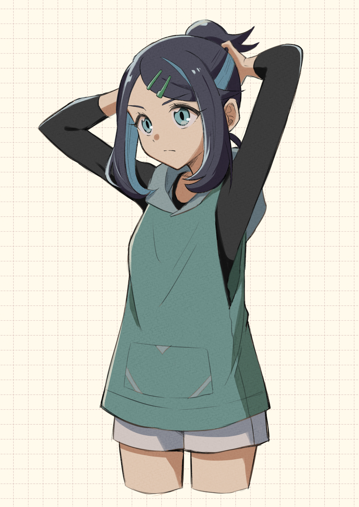 oka 3776, liko (pokemon), nintendo, pokemon, pokemon (anime), pokemon horizons, highres, 1girl, aqua sweater vest, black hair, black shirt, blue eyes, blue hair, closed mouth, colored inner hair, cowboy shot, cropped leg, grey shorts, hair ornament, hairclip, hood, hood down, hooded sweater, long sleeves, multicolored hair, ponytail, shirt, short ponytail, short shorts, shorts, sidelocks, solo, standing, sweater, sweater vest, swept bangs, two-tone hair, tying hair