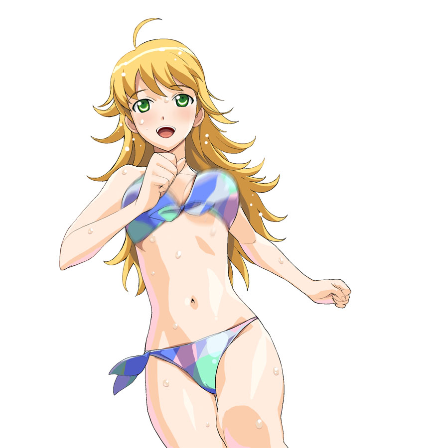 a1 (initial-g), hoshii miki, idolmaster, idolmaster (classic), idolmaster 1, 00s, 1girl, ahoge, bikini, blonde hair, blue bikini, female focus, green eyes, jiggle, long hair, open mouth, running, smile, solo, swimsuit, wet