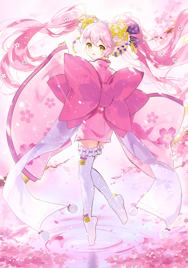 croix (croixtw), ririka (#compass), #compass, 1girl, back bow, bow, cherry blossoms, crossed bangs, dancing, floating hair, flower, from behind, full body, hair between eyes, hair flower, hair ornament, japanese clothes, kimono, long hair, long sleeves, looking at viewer, looking back, pink bow, pink hair, pink kimono, purple bow, ribbon-trimmed thighhighs, ribbon trim, short kimono, solo, thighhighs, twintails, very long hair, white thighhighs, wide sleeves, yellow eyes, yellow flower, zettai ryouiki