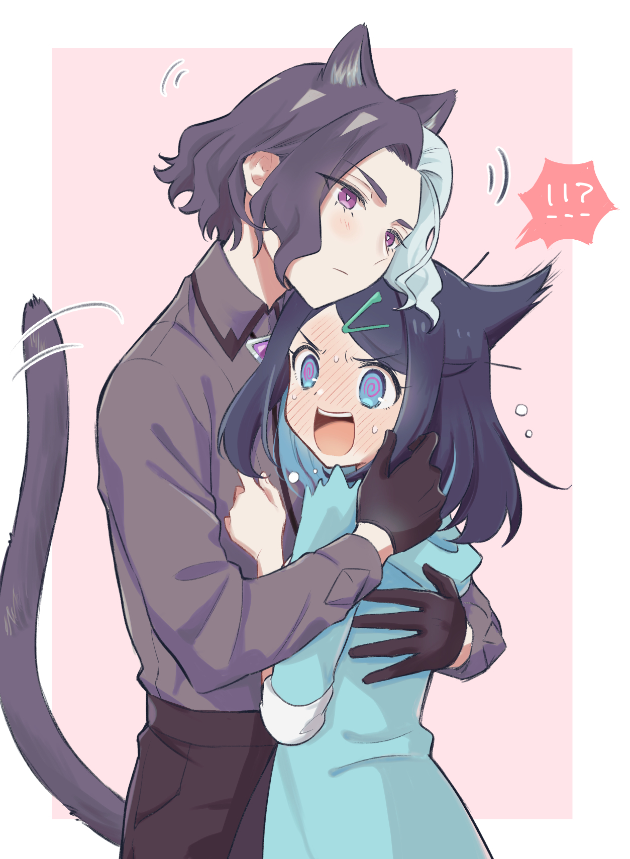 oka 3776, amethio (pokemon), liko (pokemon), nintendo, pokemon, pokemon (anime), pokemon horizons, highres, !?, 1boy, 1girl, @ @, animal ears, black hair, black pants, black tail, blue eyes, blue hair, blue jacket, blush, border, cat boy, cat ears, cat tail, closed mouth, collared shirt, colored inner hair, couple, embarrassed, full-face blush, grey hair, grey shirt, height difference, hetero, hood, hood down, hooded jacket, hug, jacket, kemonomimi mode, long sleeves, multicolored hair, outside border, pants, pink background, purple eyes, shirt, tail, two-tone hair, white border, wing collar
