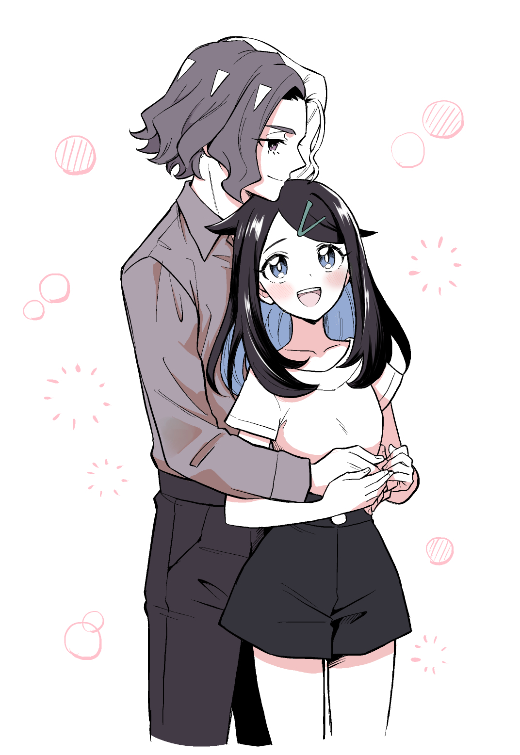 oka 3776, amethio (pokemon), liko (pokemon), nintendo, pokemon, pokemon (anime), pokemon horizons, highres, 1boy, 1girl, :d, black pants, black shorts, blue eyes, blue hair, brown eyes, chin rest, collarbone, collared shirt, colored inner hair, couple, grey hair, grey shirt, hair ornament, hairband, hairclip, head on head, head rest, hetero, hug, hug from behind, limited palette, long sleeves, looking up, multicolored hair, open mouth, pants, shirt, short shorts, short sleeves, shorts, sketch, smile, t-shirt, two-tone hair, white background, white hairband, white shirt, wing collar