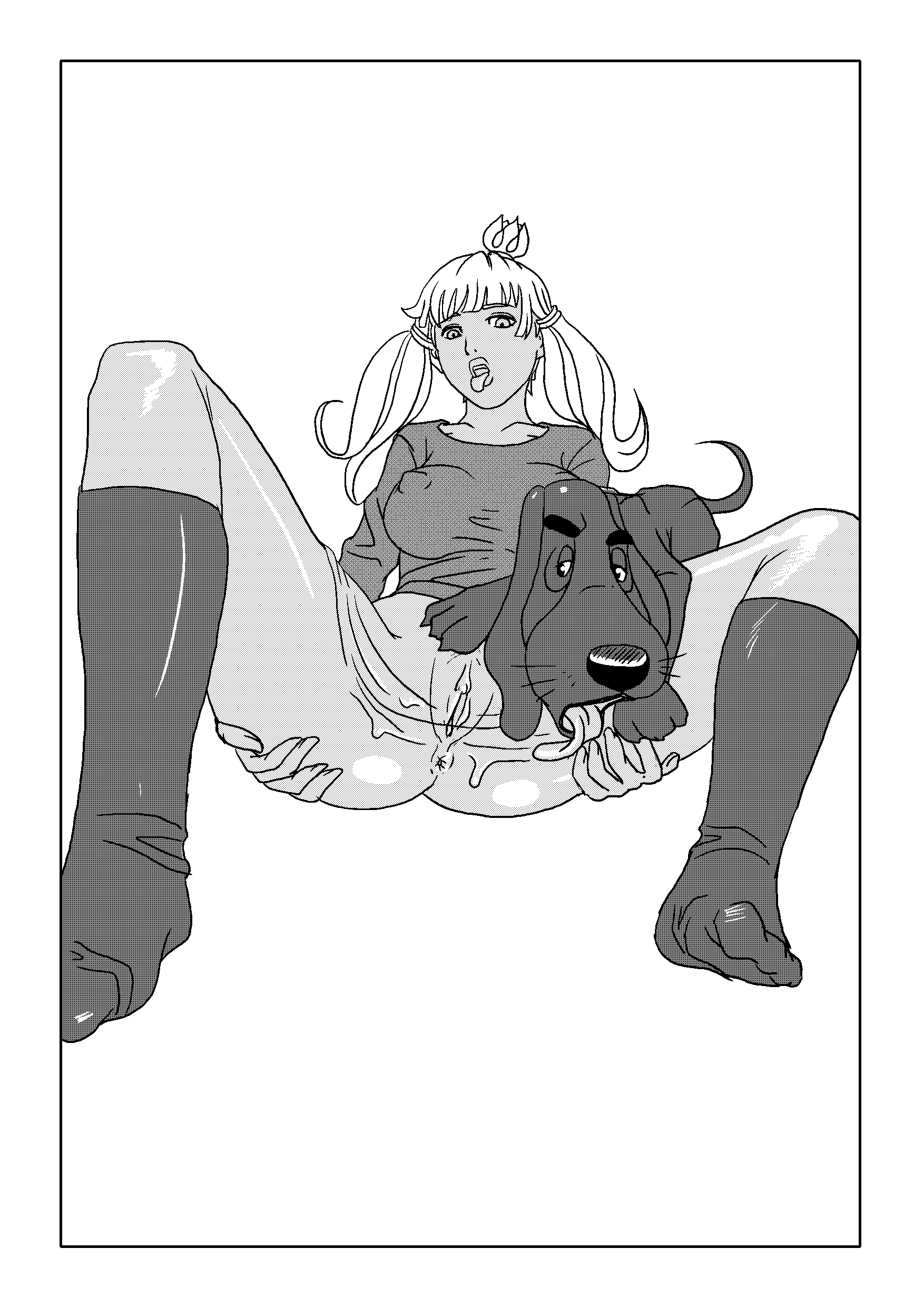 smolev, bremenskiye muzykanty, novye bremenskiye, po sledam bremenskih muzykantov, town musicians of bremen, absurdres, highres, anus, ass, blonde hair, crown, cunnilingus, dog, monochrome, oral, princess, pussy, saliva, socks, tongue, twintails, uncensored