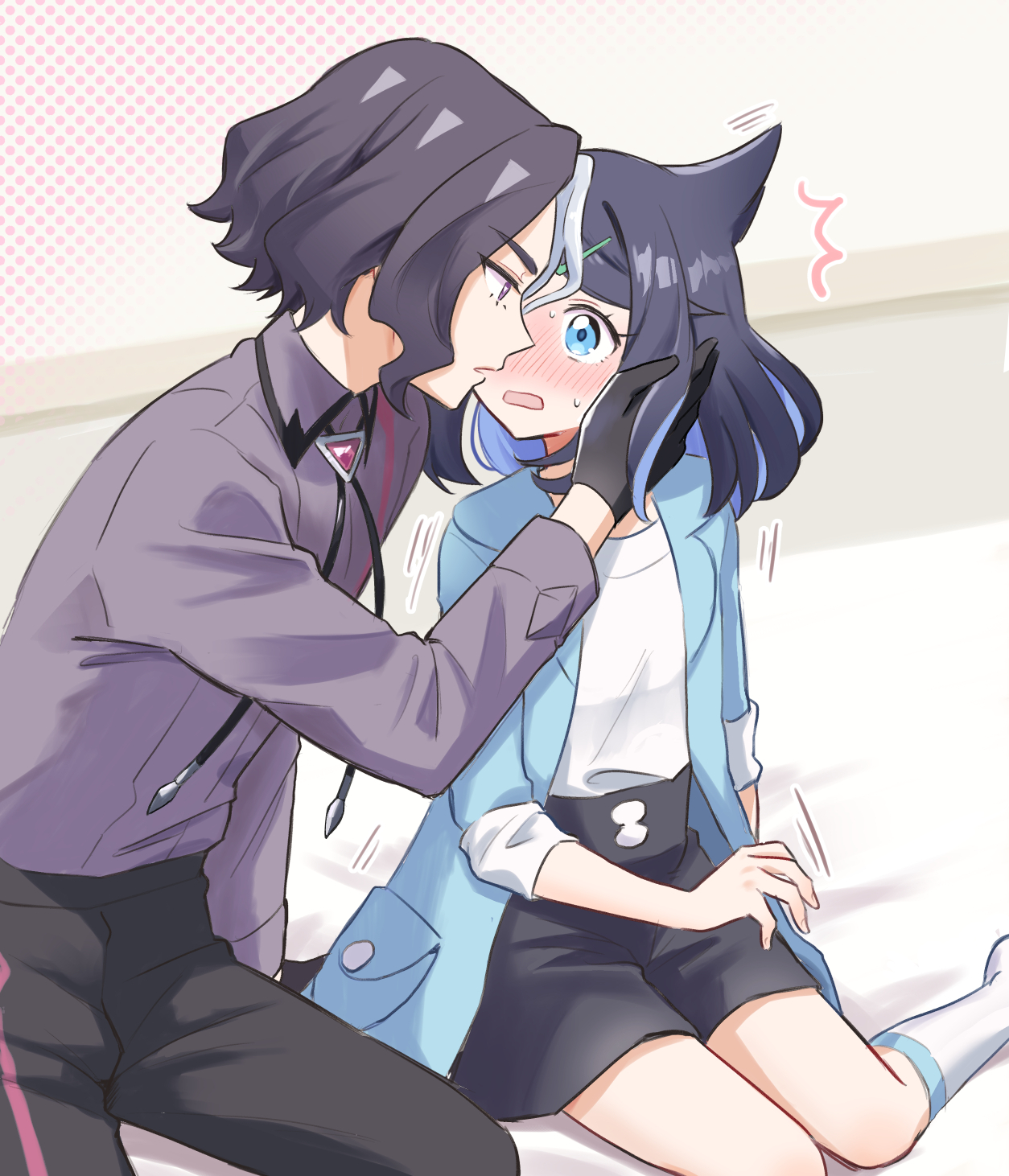 oka 3776, amethio (pokemon), liko (pokemon), nintendo, pokemon, pokemon (anime), pokemon horizons, highres, 1boy, 1girl, back ribbon, black gloves, black hair, black pants, black shorts, blue eyes, blue hair, blue jacket, blush, colored inner hair, couple, dress shirt, eye contact, full-face blush, gloves, height difference, hetero, imminent kiss, jacket, kneehighs, long sleeves, looking at another, multicolored hair, neck ribbon, open clothes, open jacket, open mouth, pants, purple eyes, purple shirt, ribbon, shirt, short shorts, shorts, socks, sweatdrop, two-tone hair, wavy mouth, white hair, white shirt, white socks
