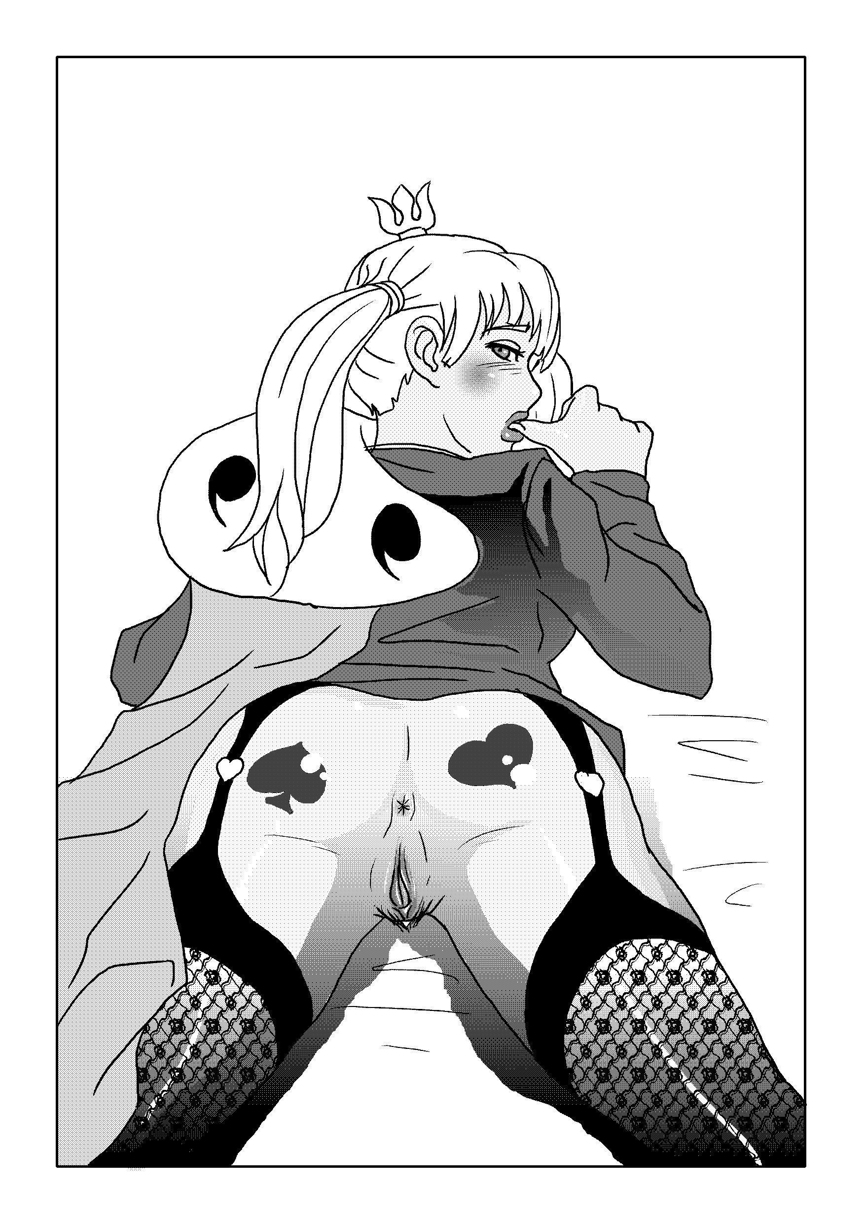 smolev, bremenskiye muzykanty, novye bremenskiye, po sledam bremenskih muzykantov, town musicians of bremen, absurdres, highres, anus, ass, blonde hair, blush, capelet, crown, dress, ermine mantle, from behind, garter belt, monochrome, princess, pubic hair, pussy, short dress, thighhighs, twintails, uncensored