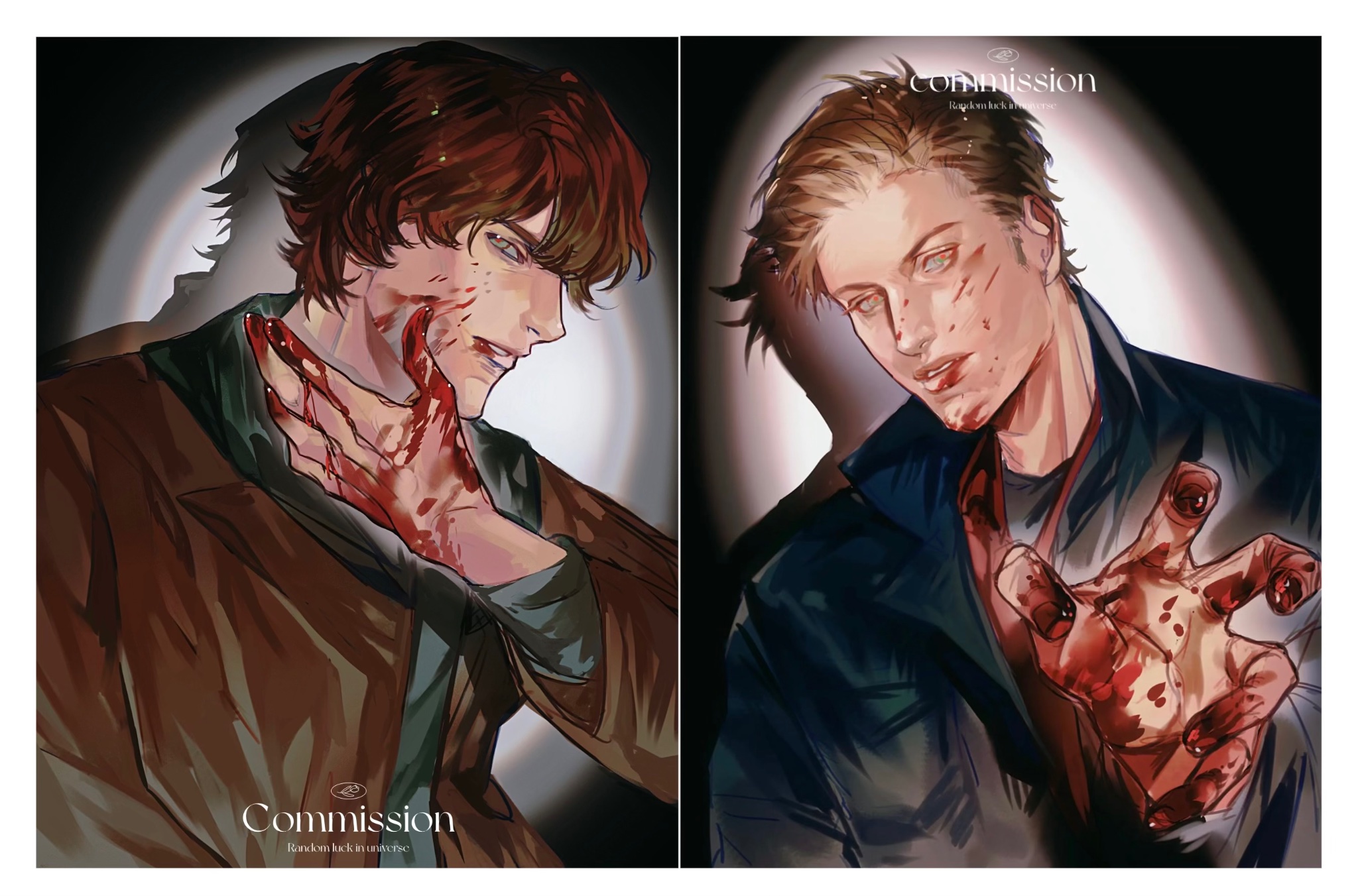 hai wan wan wan, dean winchester, sam winchester, supernatural (tv series), commission, highres, 2boys, black jacket, black shirt, blonde hair, blood, blood on face, blood on hands, border, brothers, brown hair, brown jacket, hair between eyes, jacket, looking at viewer, male focus, multiple boys, outstretched hand, parted lips, red shirt, shirt, short hair, siblings, upper body, white border, wiping face