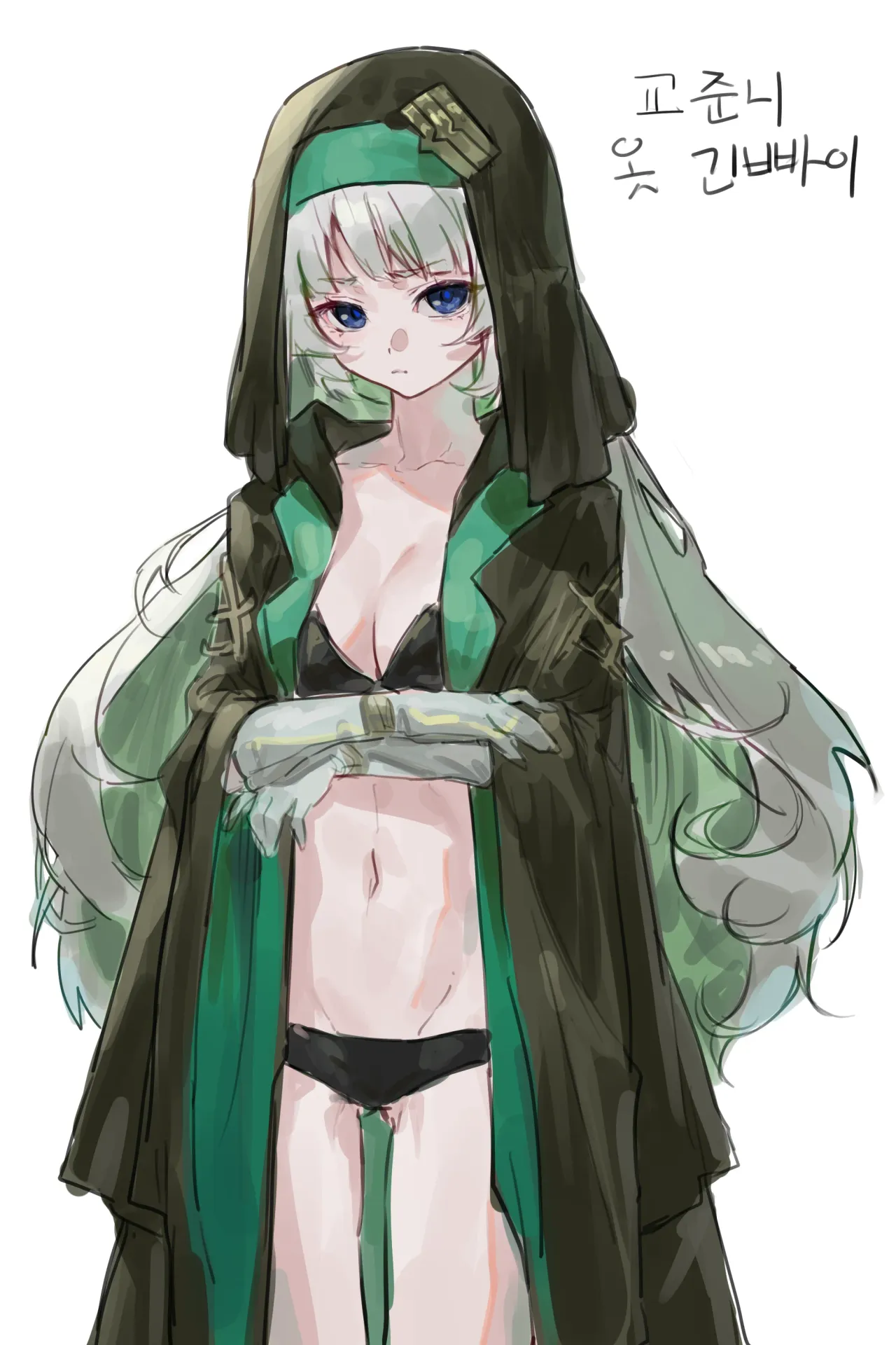 arknights, limbus company, project moon, highres, 1girl, blue eyes, bra, breasts, hood, long hair, mayors (arknights), panties, robe, underwear, white background, white hair