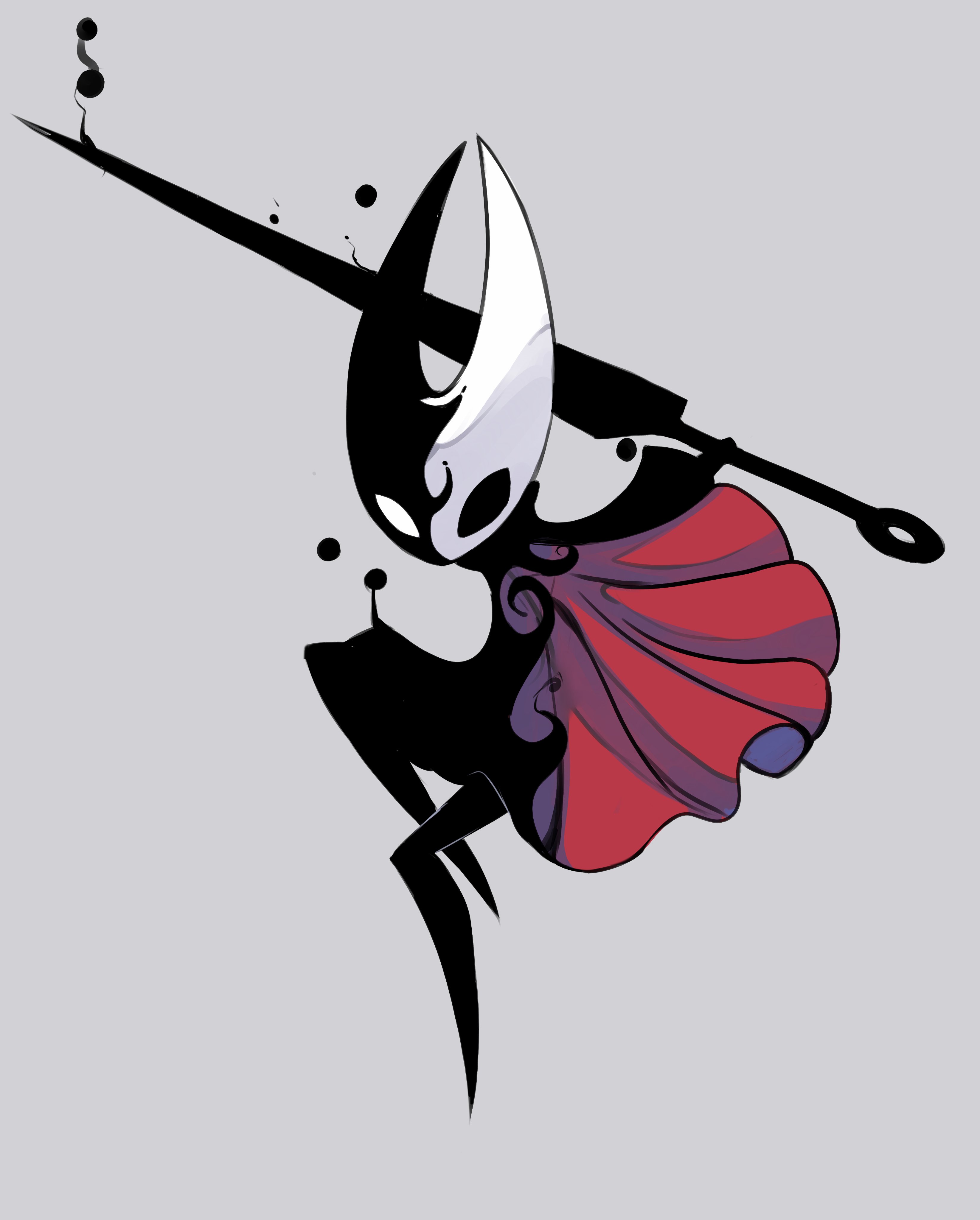 red knight (thescarlknight), hornet (hollow knight), hollow knight, hollow knight: silksong, absurdres, highres, 1girl, arthropod girl, black skin, cloak, colored skin, full body, grey background, holding, holding needle, hollow eyes, horned mask, looking at viewer, mask, needle, needle (hollow knight), no humans, no mouth, red cloak, simple background, umbrakinesis, weapon, white mask