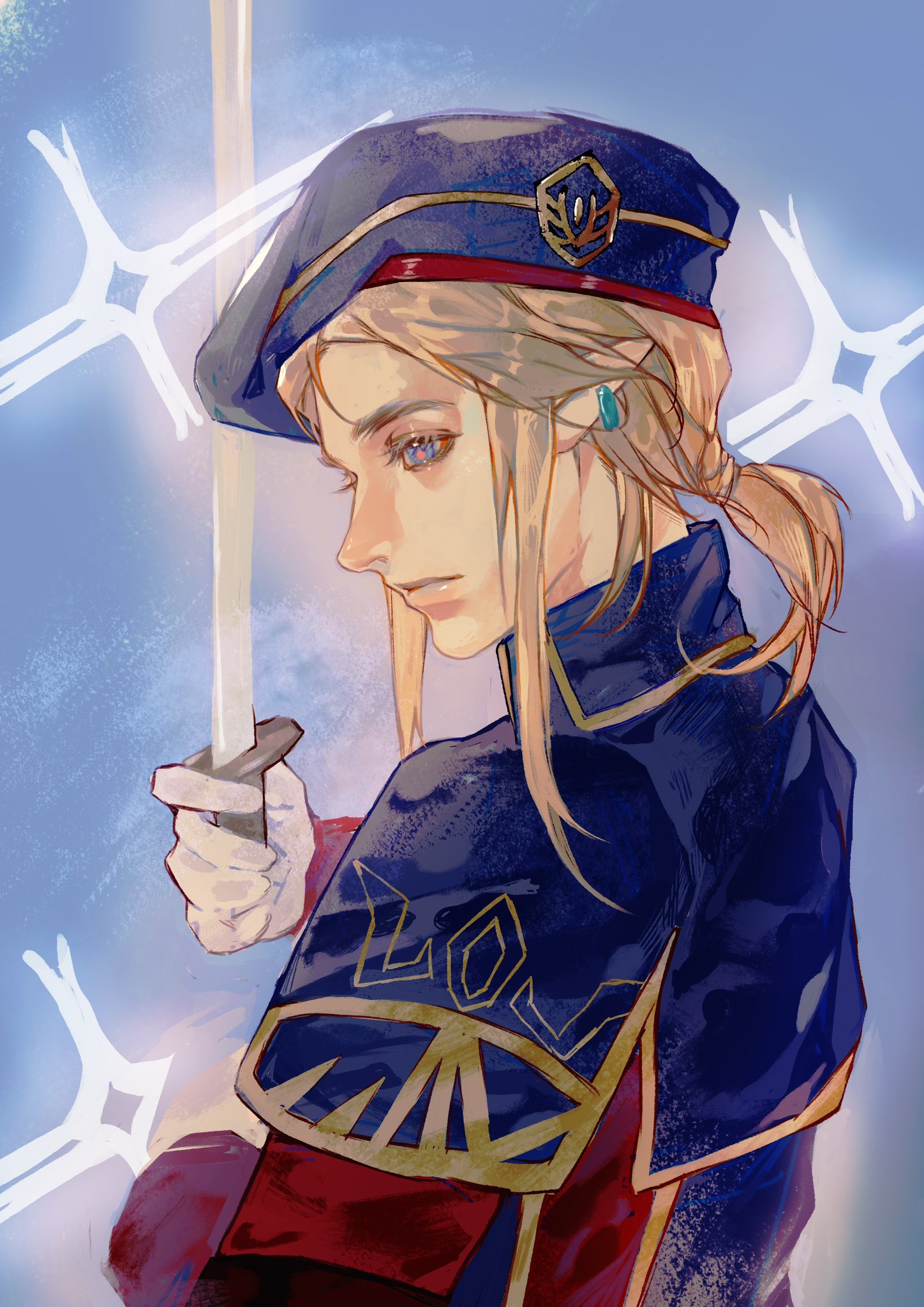 hai wan wan wan, link, nintendo, the legend of zelda, the legend of zelda: tears of the kingdom, highres, 1boy, beret, blonde hair, blue background, blue eyes, blue hat, closed mouth, earrings, gloves, gold trim, hat, holding, holding sword, holding weapon, jewelry, long hair, low ponytail, male focus, military hat, military uniform, official alternate costume, pointy ears, ponytail, portrait, red pupils, royal guard set (zelda), sidelocks, solo, sparkle, sword, weapon, white gloves
