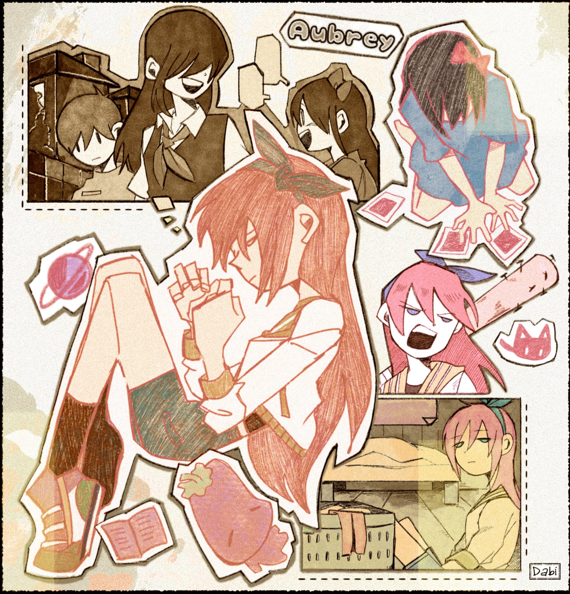 aubrey (faraway) (omori), aubrey (omori), mari (faraway) (omori), mari (omori), mewo, mr. plantegg (omori), sunny (omori), omori, highres, 1boy, 2girls, aged down, antenna hair, baseball bat, black hair, black socks, blank speech bubble, blue eyes, blue hairband, blue shirt, blue skirt, blush, bow, brother and sister, character name, collared shirt, dabi000, denim, denim skirt, double-parted bangs, hair between eyes, hair bow, hair over eyes, hairband, holding, holding baseball bat, jacket, kneeling, laundry basket, long hair, long shirt, long sleeves, looking at another, multiple girls, nail (hardware), nail bat, neckerchief, open mouth, photo (object), pink bow, shirt, shoes, short hair, short sleeves, siblings, skirt, smile, sneakers, socks, speech bubble, stuffed eggplant, sweater vest, t-shirt, teeth, upper teeth only, white jacket