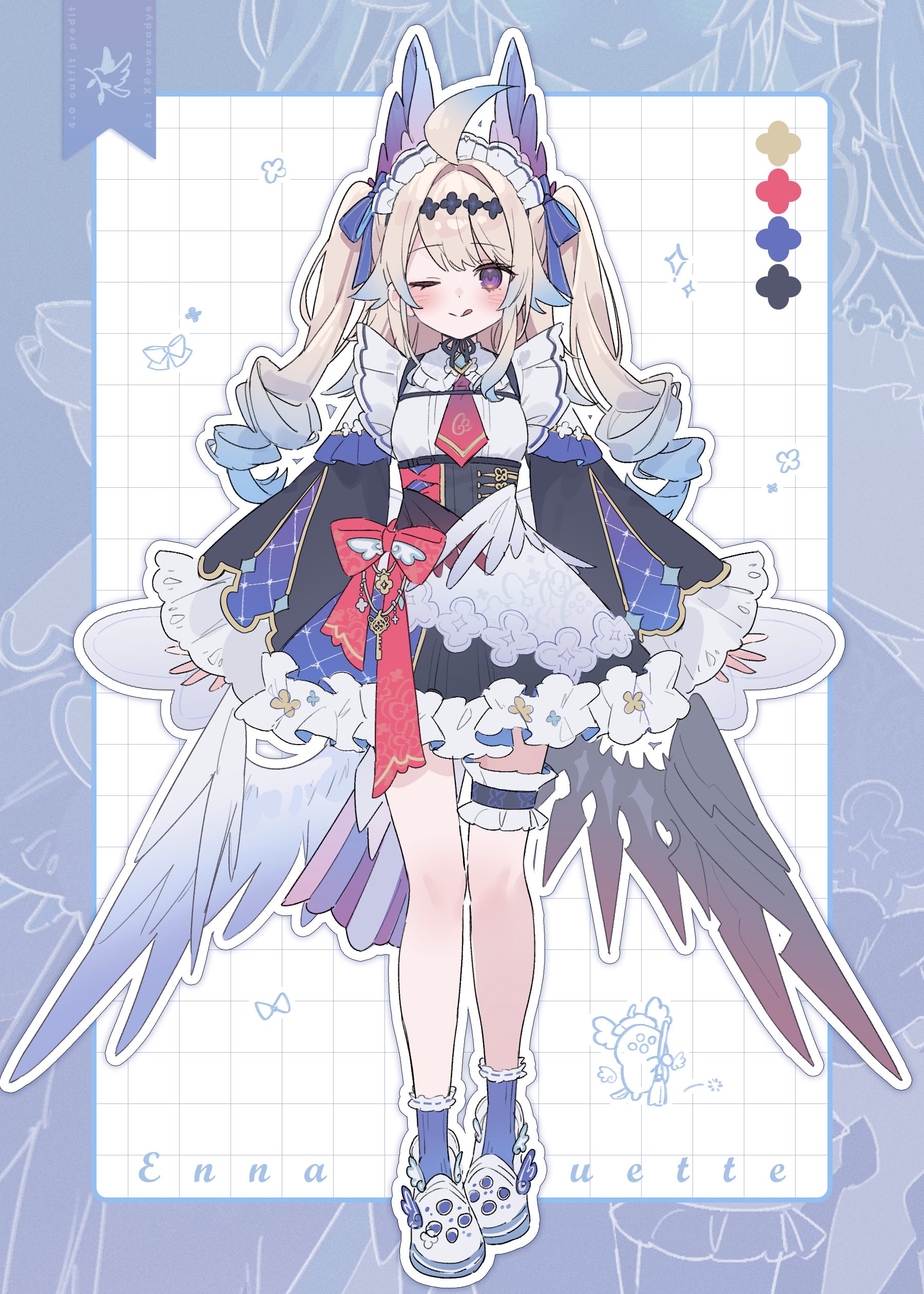 az (zero glvimayhop), enna alouette, enna alouette (anniversary dress), nijisanji, nijisanji en, absurdres, highres, 1girl, ahoge, bird girl, blonde hair, blue hair, blue socks, blush, color guide, dress, frills, full body, gradient hair, head wings, long hair, maid, maid headdress, multicolored hair, one eye closed, purple eyes, smile, socks, solo, tongue, tongue out, twintails, virtual youtuber, wings, zoom layer