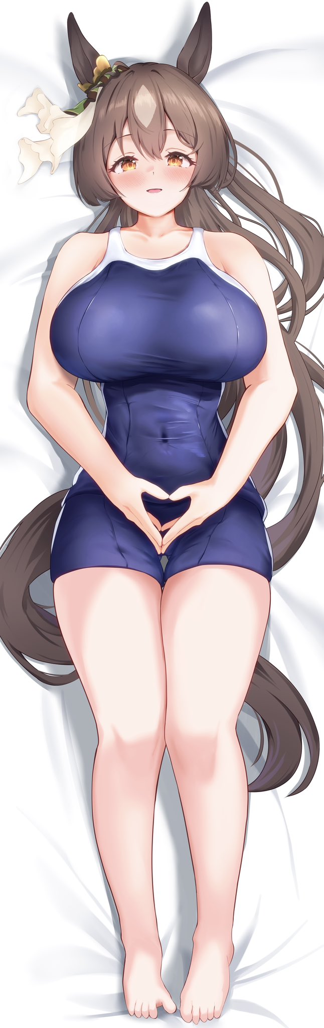 p1 fcoyaa, satono diamond (umamusume), umamusume, commentary request, highres, 1girl, animal ears, bare shoulders, barefoot, bed, blue one-piece swimsuit, blush, braid, breasts, brown hair, competition school swimsuit, covered navel, ear ornament, feet, full body, hair between eyes, half up braid, horse ears, horse girl, horse tail, large breasts, long hair, looking at viewer, lying, multicolored hair, on back, on bed, one-piece swimsuit, school swimsuit, smile, solo, streaked hair, swimsuit, tail, toes, tracen swimsuit, very long hair, white hair