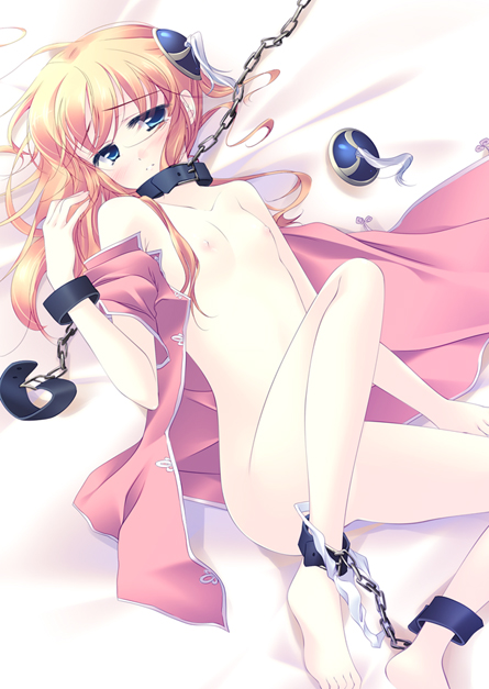 motomiya mitsuki, kagura (gintama), gintama, 00s, 1girl, barefoot, bdsm, blue eyes, blush, bun cover, chain, collar, cuffs, double bun, feet, female focus, flat chest, hair bun, long hair, lying, nipples, no bra, open clothes, orange hair, panties, panties around leg, panty pull, shackles, solo, underwear, white panties