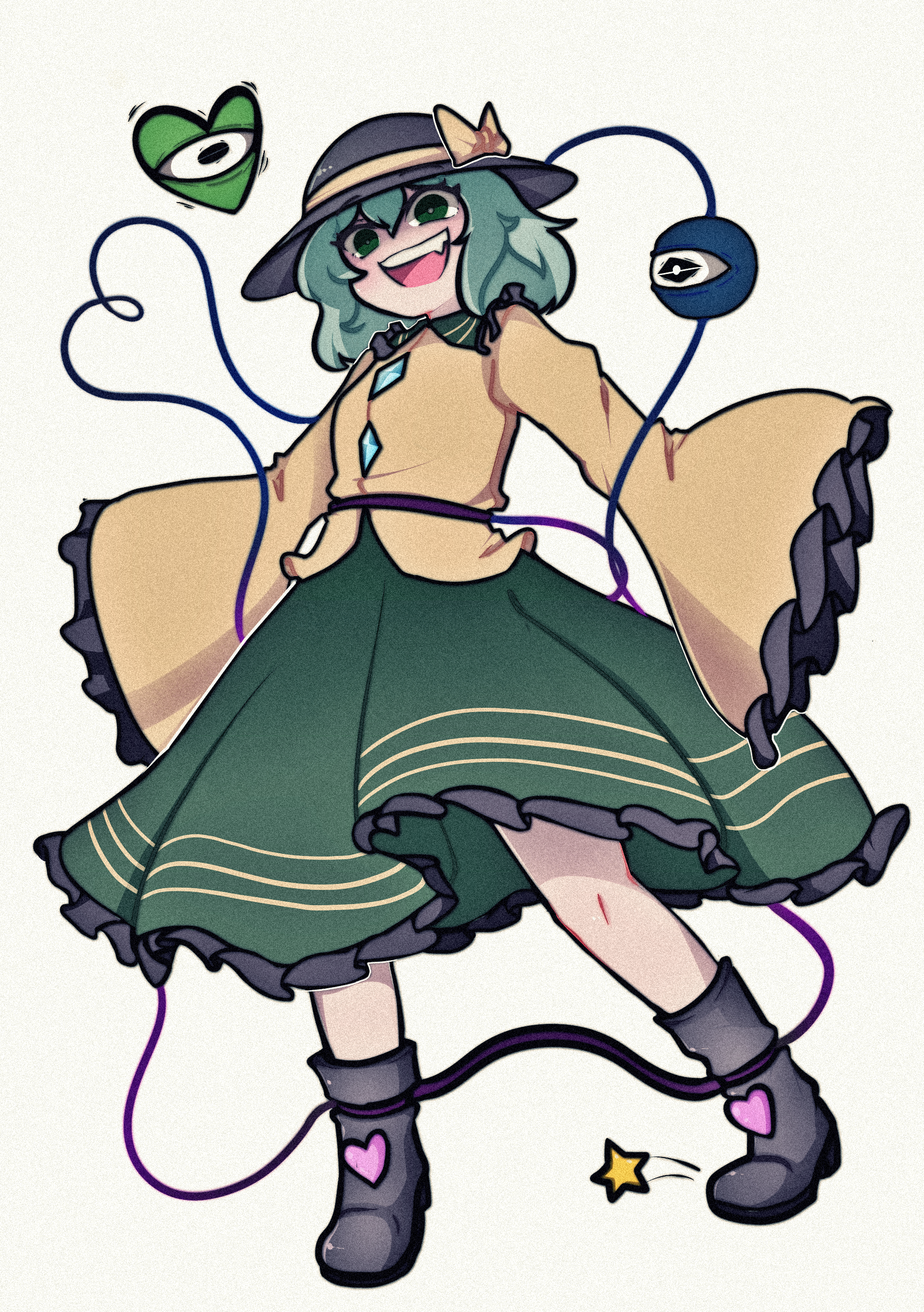 dagger131134 (kama astor), komeiji koishi, touhou, absurdres, highres, 1girl, black hat, blouse, bow, buttons, diamond button, frilled shirt collar, frilled sleeves, frills, green eyes, green hair, green skirt, hat, hat bow, hat ribbon, heart, heart of string, long sleeves, looking at viewer, open mouth, ribbon, shirt, skirt, smile, third eye, wide sleeves, yellow bow, yellow ribbon, yellow shirt