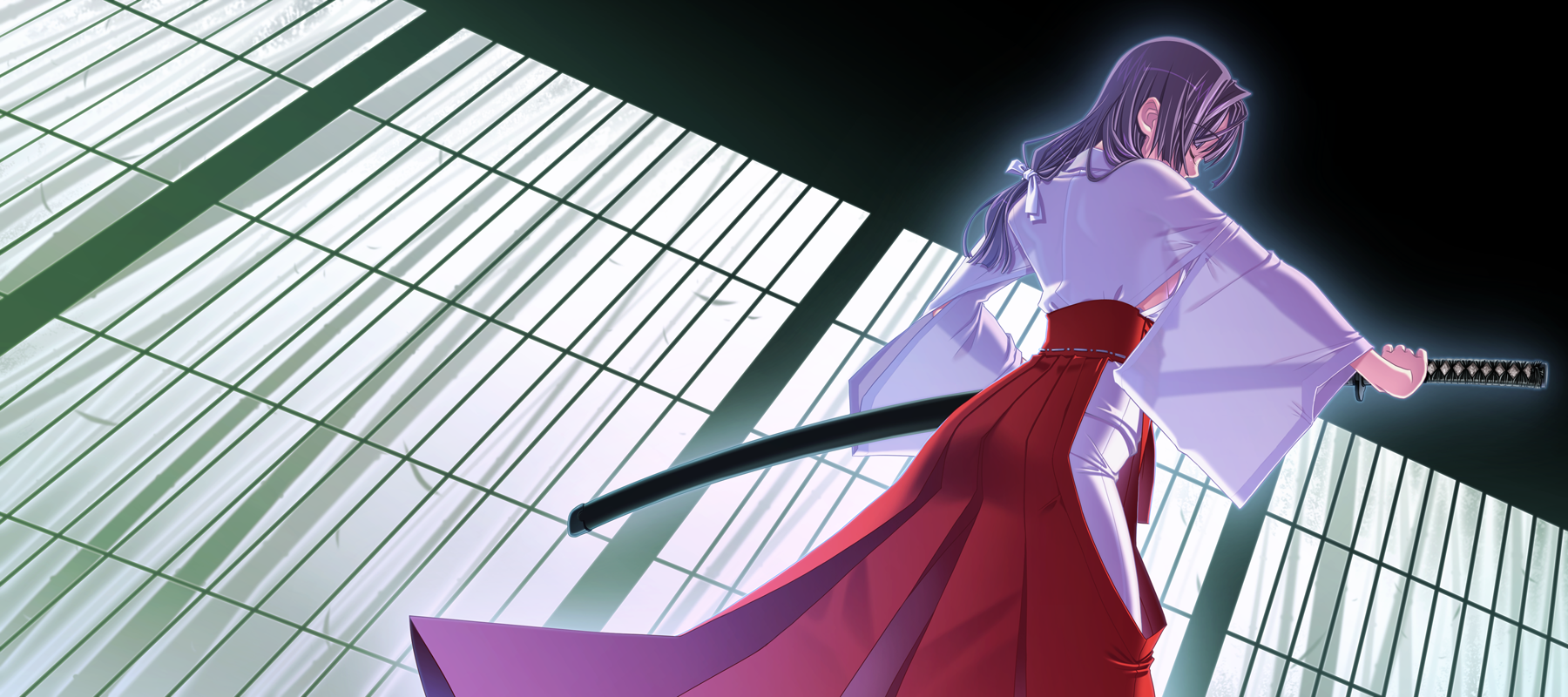 sakuya tsuitachi, original, highres, long image, wide image, 1girl, breasts, brown hair, closed eyes, covered mouth, female focus, fighting stance, from below, hakama, hakama skirt, japanese clothes, katana, long hair, low-tied long hair, no bra, ready to draw, red hakama, sideboob, skirt, small breasts, solo, standing, sword, weapon