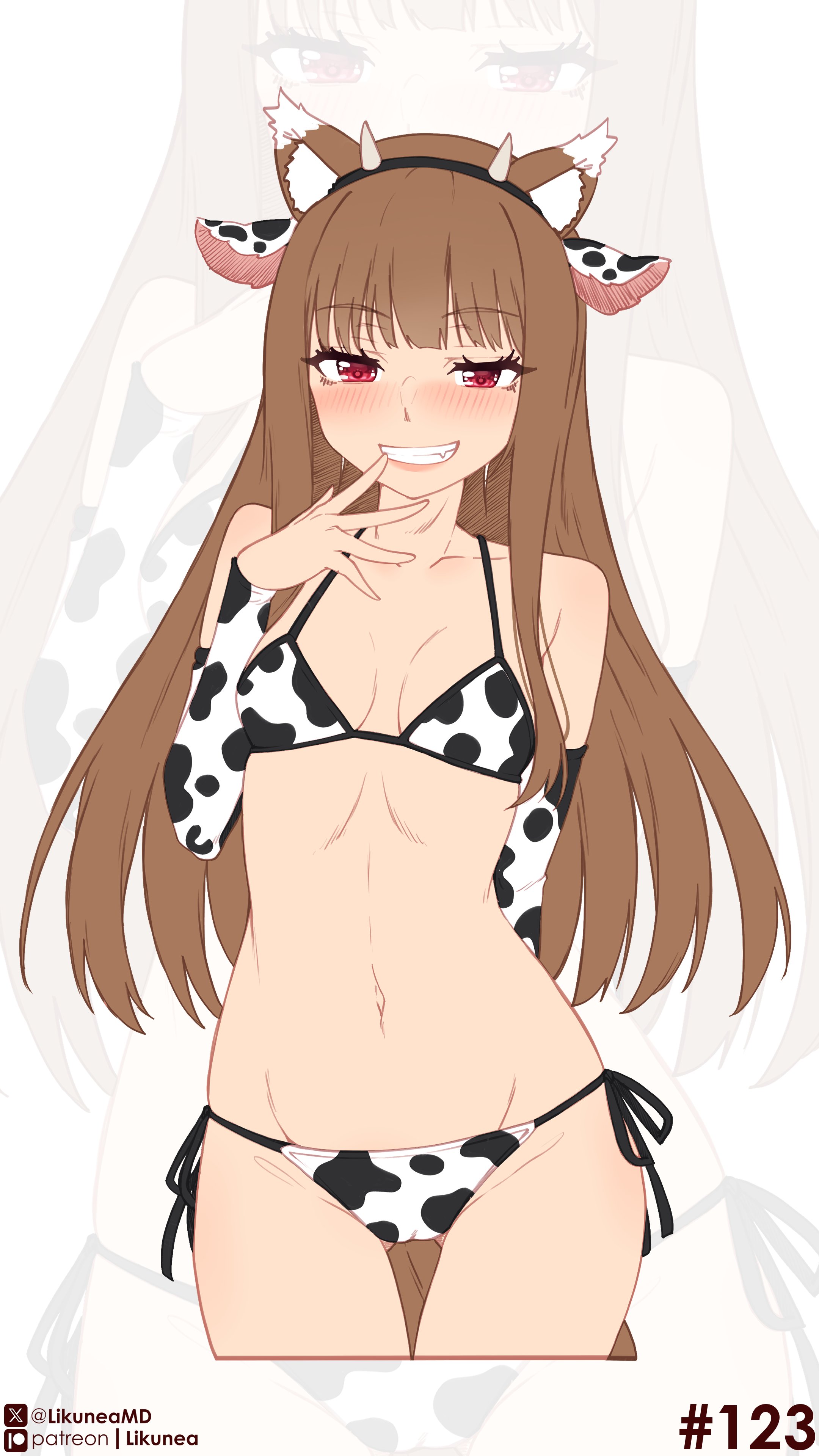 likunea, holo, spice and wolf, absurdres, highres, animal ear fluff, animal ear hairband, animal ears, animal print, bikini, blunt bangs, blush, brown hair, cow ear hairband, cow ears, cow horns, cow print, cow print bikini, detached sleeves, fake animal ears, fang, grin, hairband, horns, long hair, navel, print bikini, red eyes, side-tie bikini bottom, smile, swimsuit, tail, wolf ears, wolf girl, wolf tail