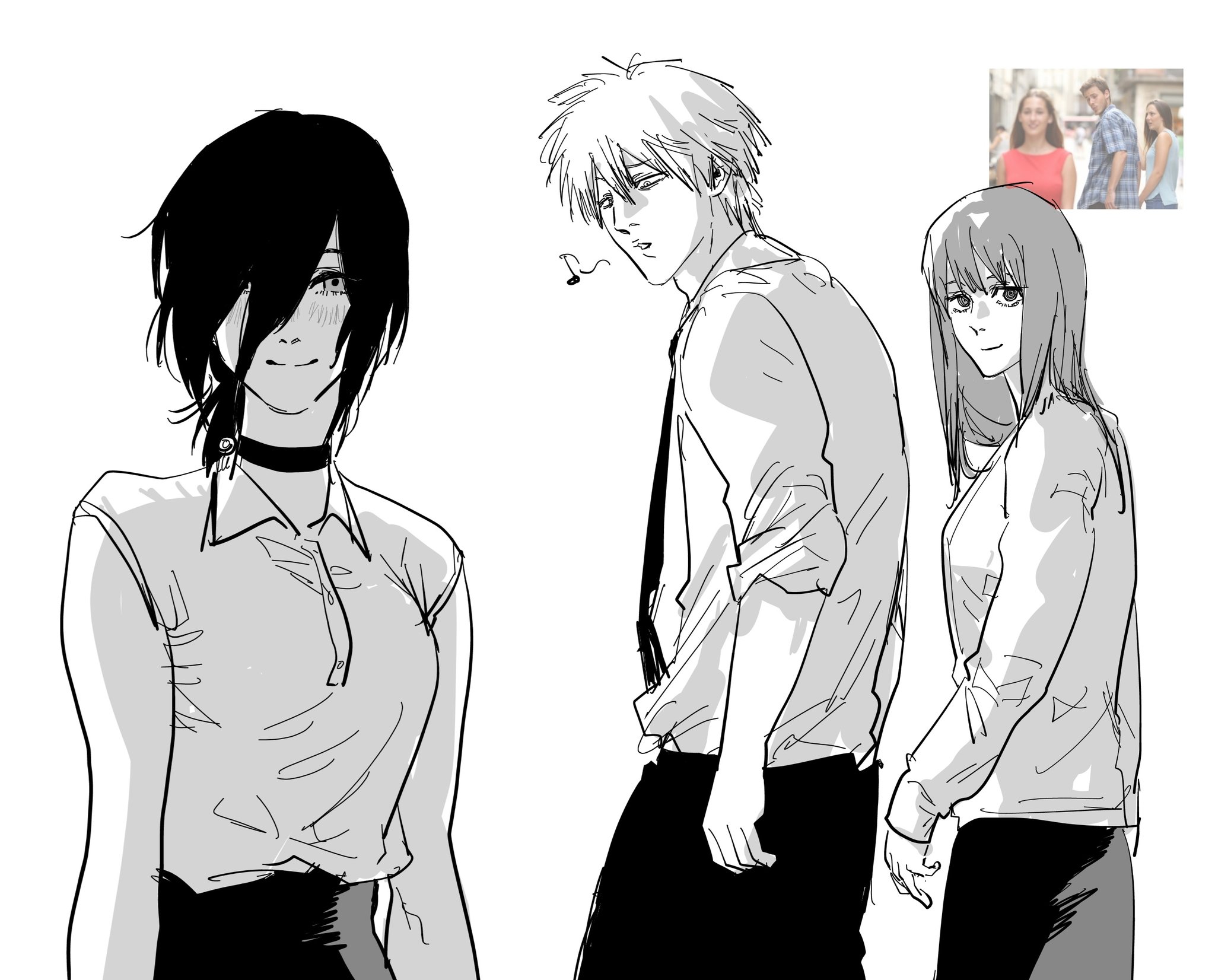 wwggqqmm, denji (chainsaw man), makima (chainsaw man), reze (chainsaw man), chainsaw man, highres, 1boy, 2girls, blush, choker, distracted boyfriend (meme), hair between eyes, hair down, long hair, looking at another, looking back, meme, multiple girls, musical note, necktie, photo inset, ringed eyes, shirt, short hair, sidelocks, simple background, sleeveless, sleeveless shirt, spoken musical note, white background