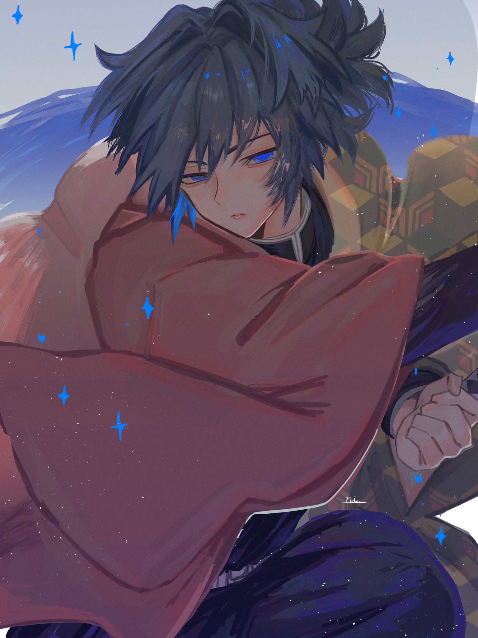 tomioka giyuu, kimetsu no yaiba, highres, 1boy, belt, black hair, black jacket, black pants, blue eyes, demon slayer uniform, half-closed eyes, haori, high collar, jacket, japanese clothes, kikkoumon, looking at viewer, low ponytail, male focus, nim0no kbut, pants, ponytail, print haori, red haori, solo, spiked hair, white belt