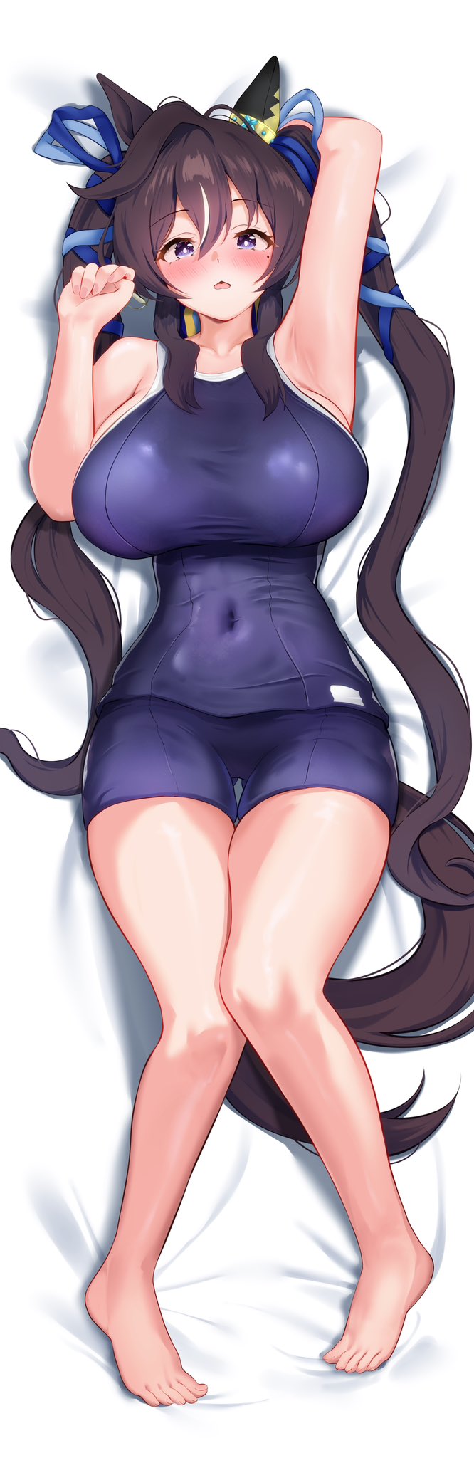 p1 fcoyaa, vivlos (umamusume), umamusume, commentary request, highres, 1girl, animal ears, arm up, armpits, arms up, barefoot, bed, blue one-piece swimsuit, breasts, brown hair, chestnut mouth, covered navel, ear covers, feet, hair between eyes, horse ears, horse girl, horse tail, large breasts, lying, multicolored hair, on back, one-piece swimsuit, open mouth, purple eyes, sidelocks, single ear cover, solo, streaked hair, swimsuit, tail, toes, tracen swimsuit, twintails, white hair