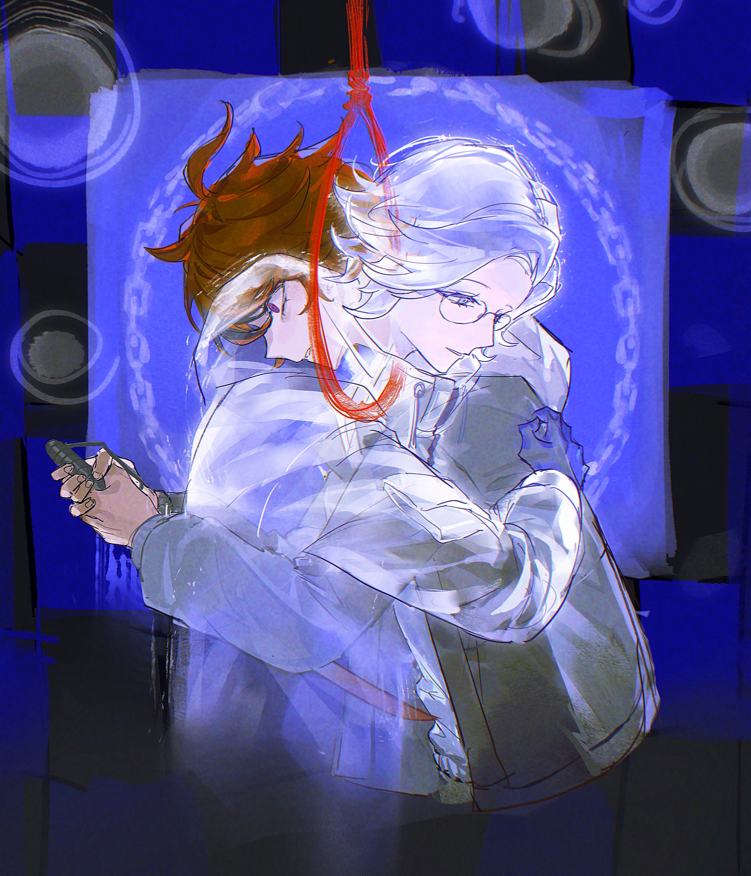 aotsuki eito, sumino takumi, the hundred line -last defense academy-, absurdres, chinese commentary, commentary request, highres, spoilers, variant set, 2boys, ahoge, black gloves, black streaks, blue eyes, glasses, gloves, grey eyes, grey hair, grey jacket, holding, holding knife, hood, hoodie, jacket, jacket over hoodie, knife, looking ahead, male focus, multicolored hair, multiple boys, noose, red hair, ringed eyes, short hair, stab, streaked hair, white hoodie, white jacket, wide-eyed, yelin yoru