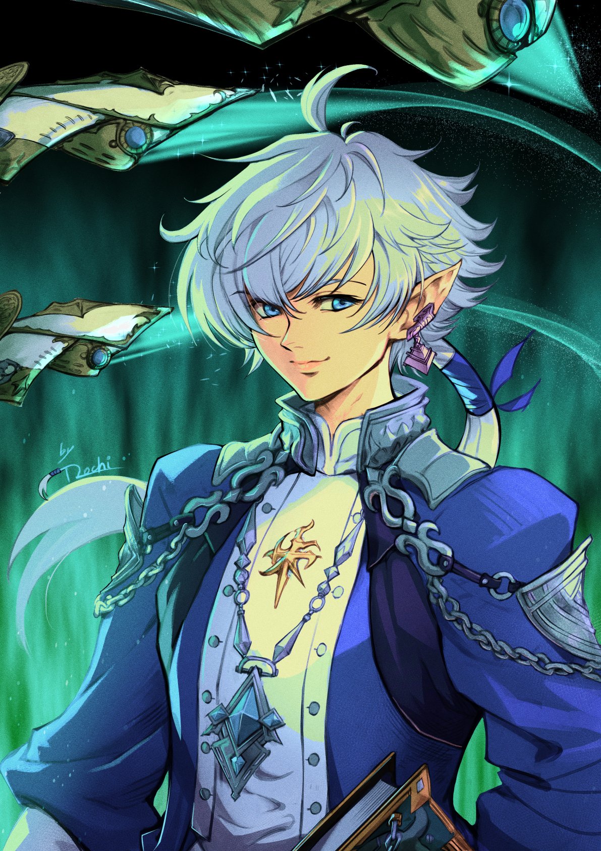 mochi mangaka, alphinaud leveilleur, final fantasy, final fantasy xiv, highres, 1boy, ahoge, armor, artist name, blue eyes, blue jacket, book, closed mouth, earrings, elezen, elf, hair between eyes, holding, holding book, jacket, jewelry, low ponytail, male focus, pointy ears, ponytail, shirt, short hair with long locks, shoulder armor, silver armor, smile, solo, white hair, white shirt