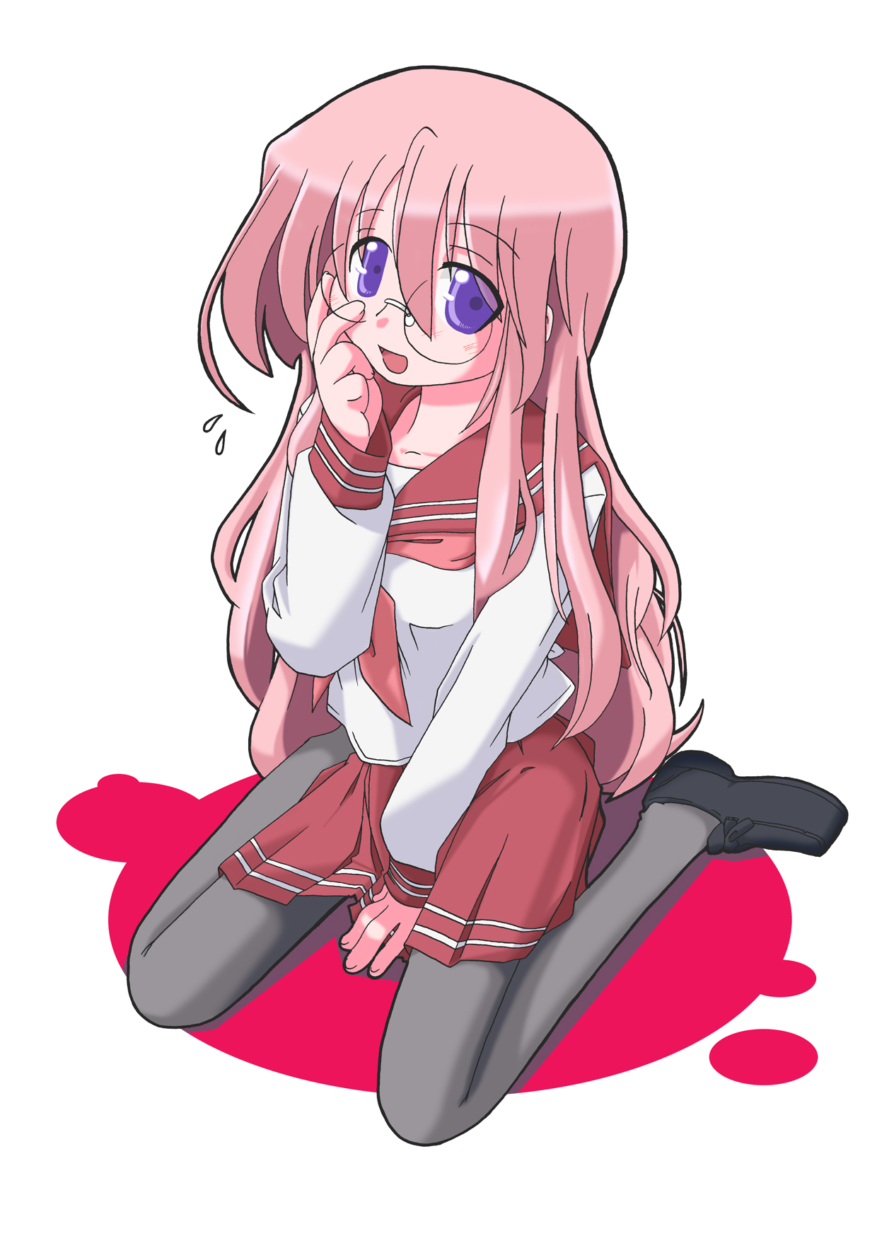 suzuuchi yayoi, takara miyuki, lucky star, highres, 00s, blue eyes, glasses, kneeling, long hair, pantyhose, pink hair, school uniform, serafuku, solo