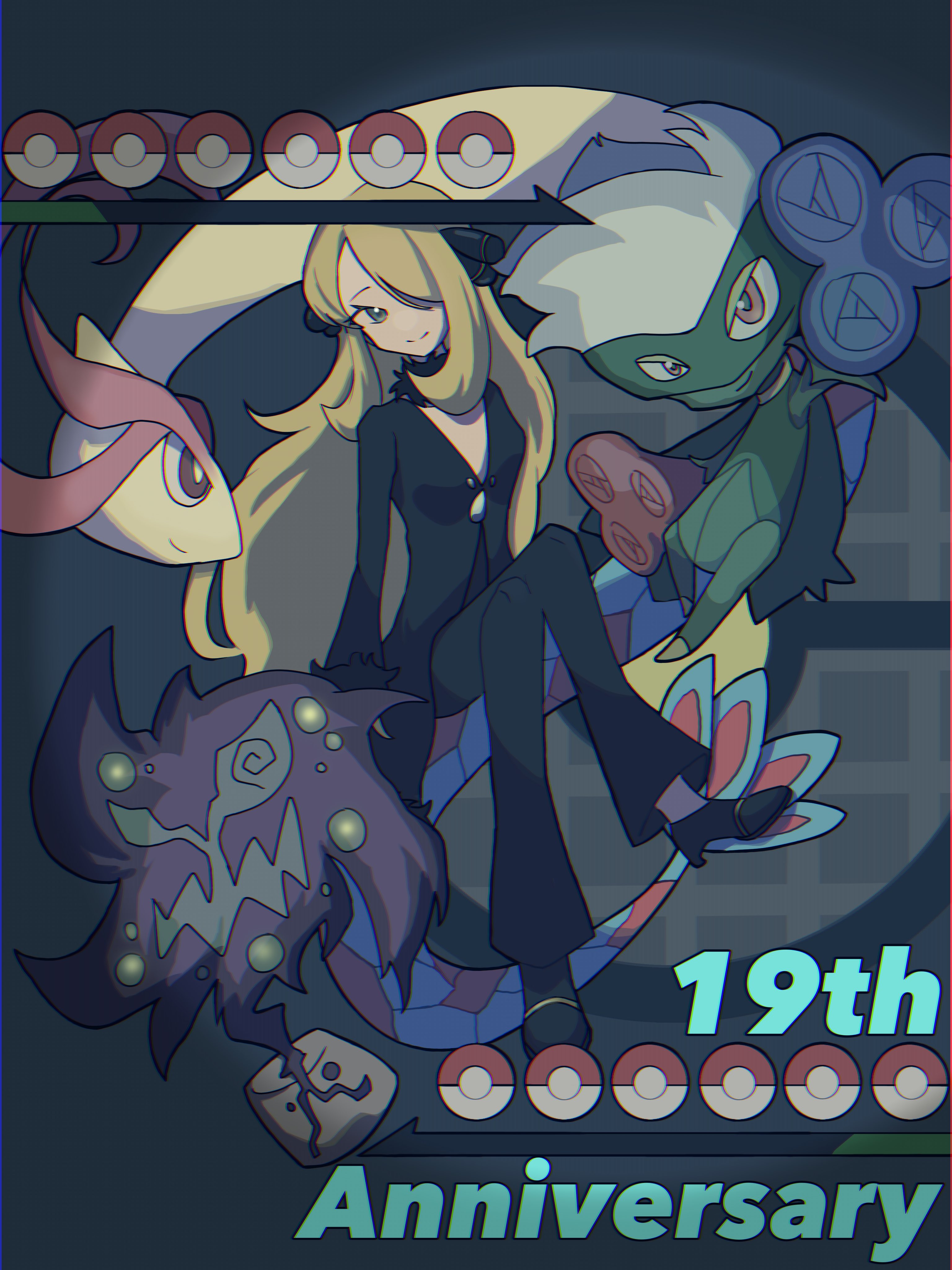 cynthia (pokemon), milotic, roserade, spiritomb, nintendo, pokemon, pokemon dppt, absurdres, highres, 1girl, black coat, black pants, blonde hair, blue flower, blue rose, breasts, closed mouth, coat, flower, full body, fur-trimmed sleeves, fur collar, fur trim, gen 3 pokemon, gen 4 pokemon, grey eyes, hair ornament, hair over one eye, long hair, long sleeves, looking at viewer, pants, poke ball, poke ball (basic), pokemon (creature), red flower, red rose, rose, saltmusubi 12, smile, very long hair