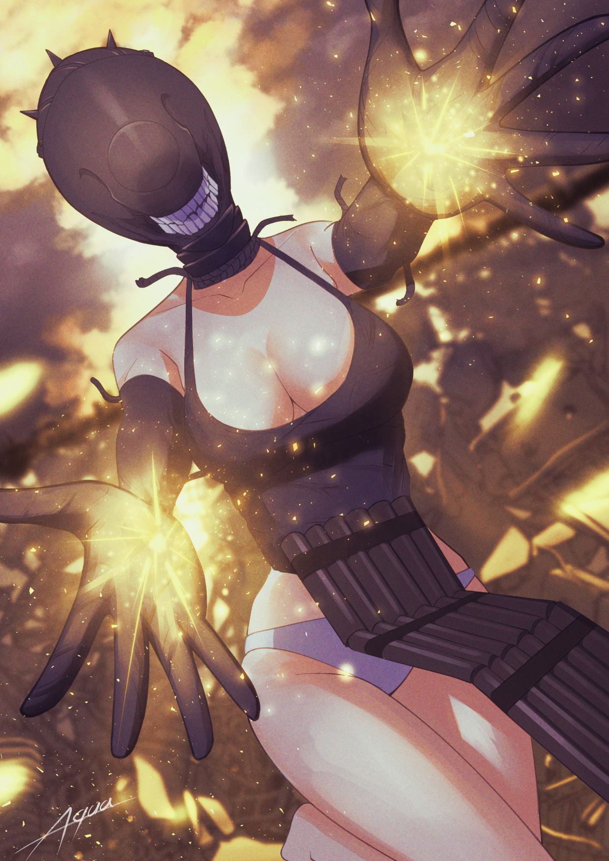illust aqua, bomb devil (chainsaw man), chainsaw man, highres, 1girl, apron, artist name, black apron, black gloves, breasts, cleavage, dynamite, elbow gloves, explosive, gloves, grey panties, imminent explosion, large breasts, object head, panties, solo, teeth, underwear