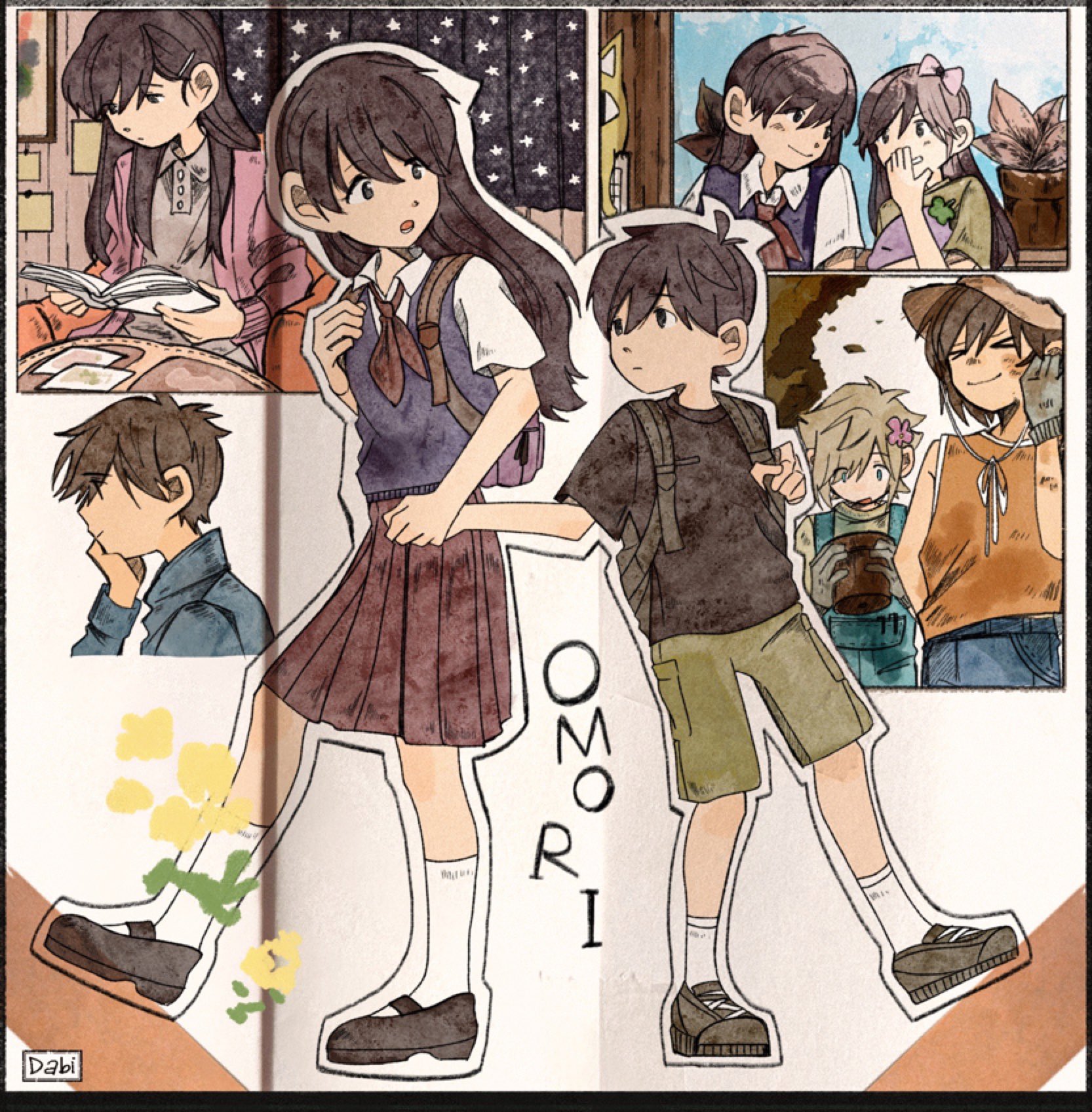 aubrey (faraway) (omori), aubrey (omori), basil (faraway) (omori), basil (omori), big yellow cat (omori), hero (faraway) (omori), hero (omori), kel (faraway) (omori), kel (omori), mari (faraway) (omori), mari (omori), mr. plantegg (omori), sunny (omori), omori, highres, > <, 2girls, 4boys, aged down, alternate costume, antenna hair, black eyes, black hair, black shirt, black shoes, black sweater vest, blonde hair, blue eyes, blue jacket, blue overalls, bow, brother and sister, brothers, brown hair, brown pants, brown shirt, calendar (object), cardigan, closed eyes, closed mouth, collared shirt, copyright name, dabi000, dark-skinned male, dark skin, double-parted bangs, flower, flower pot, gloves, grey gloves, grey shirt, hair bow, hair flower, hair ornament, hairclip, hat, holding, holding flower pot, holding stuffed toy, indoors, jacket, long hair, long sleeves, looking at another, lower teeth only, multiple boys, multiple girls, open cardigan, open clothes, open mouth, orange tank top, overalls, pants, parted lips, pink bow, pink cardigan, plant, pleated skirt, potted plant, red skirt, shirt, shoes, short hair, short sleeves, siblings, sitting, skirt, socks, stuffed eggplant, stuffed toy, sun hat, sweater vest, t-shirt, tank top, teeth, white shirt, white socks