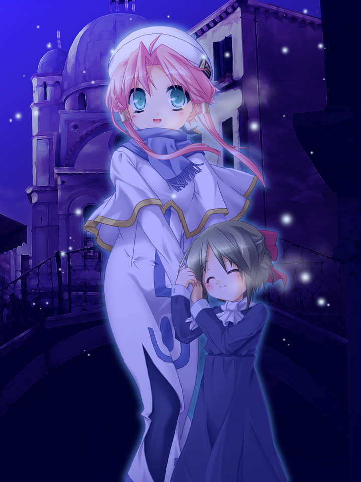 fuu (artist), aino ai, mizunashi akari, aria (manga), arm grab, 00s, 2girls, blue pantyhose, high collar, holding another's arm, holding hands, multiple girls, night, pantyhose, pink hair, snow