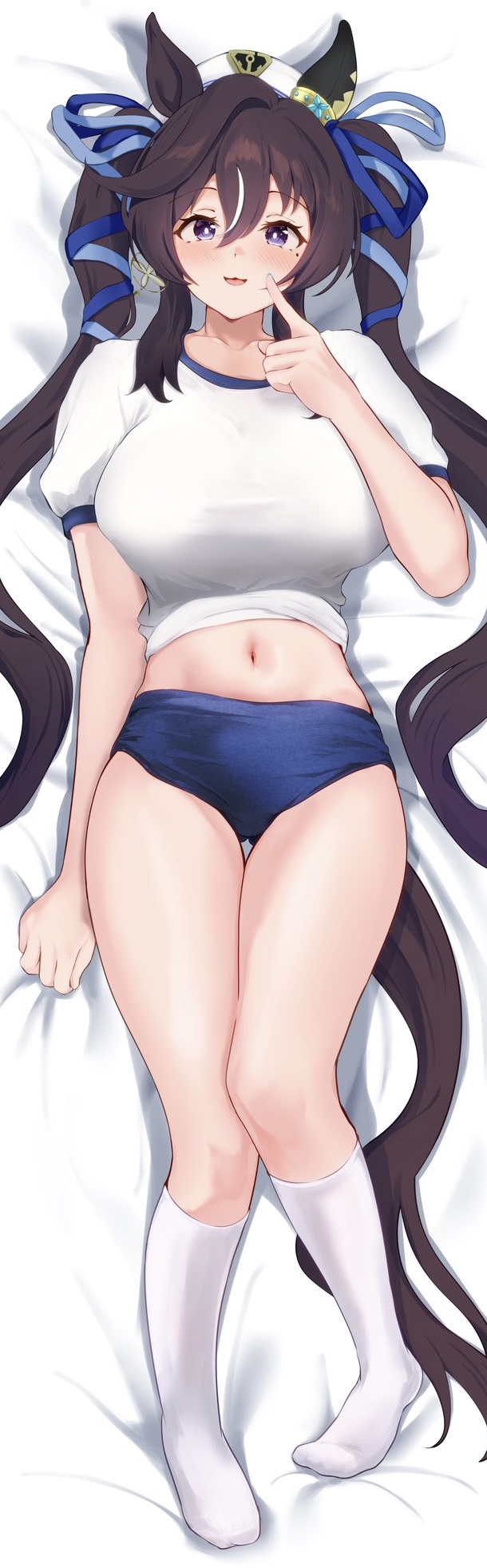 p1 fcoyaa, vivlos (umamusume), umamusume, commentary request, highres, 1girl, animal ears, blue buruma, blush, breasts, brown hair, buruma, groin, hair between eyes, hat, horse ears, horse girl, horse tail, kneehighs, large breasts, long hair, looking at viewer, lying, multicolored hair, navel, on back, on bed, open mouth, purple eyes, shirt, short sleeves, sidelocks, smile, socks, solo, streaked hair, tail, very long hair, white hair, white hat, white shirt, white socks