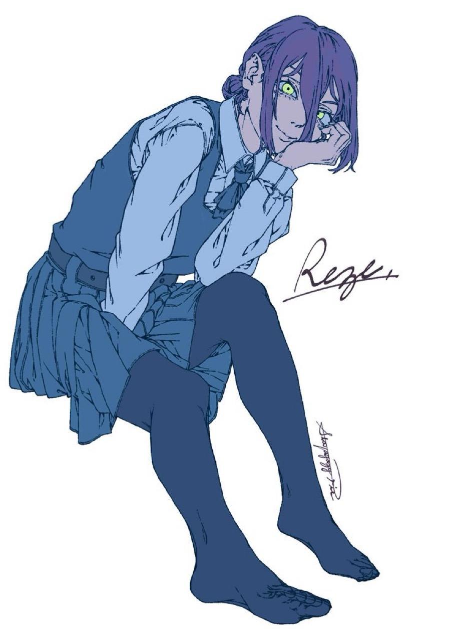 stargazypie u, reze (chainsaw man), chainsaw man, highres, 1girl, black pantyhose, blue dress, character name, closed mouth, dress, fourth east high school uniform, green eyes, grey shirt, hand on own face, invisible chair, looking at viewer, pantyhose, pinafore dress, purple hair, school uniform, shirt, simple background, sitting, sleeveless, sleeveless dress, smile, solo, white background